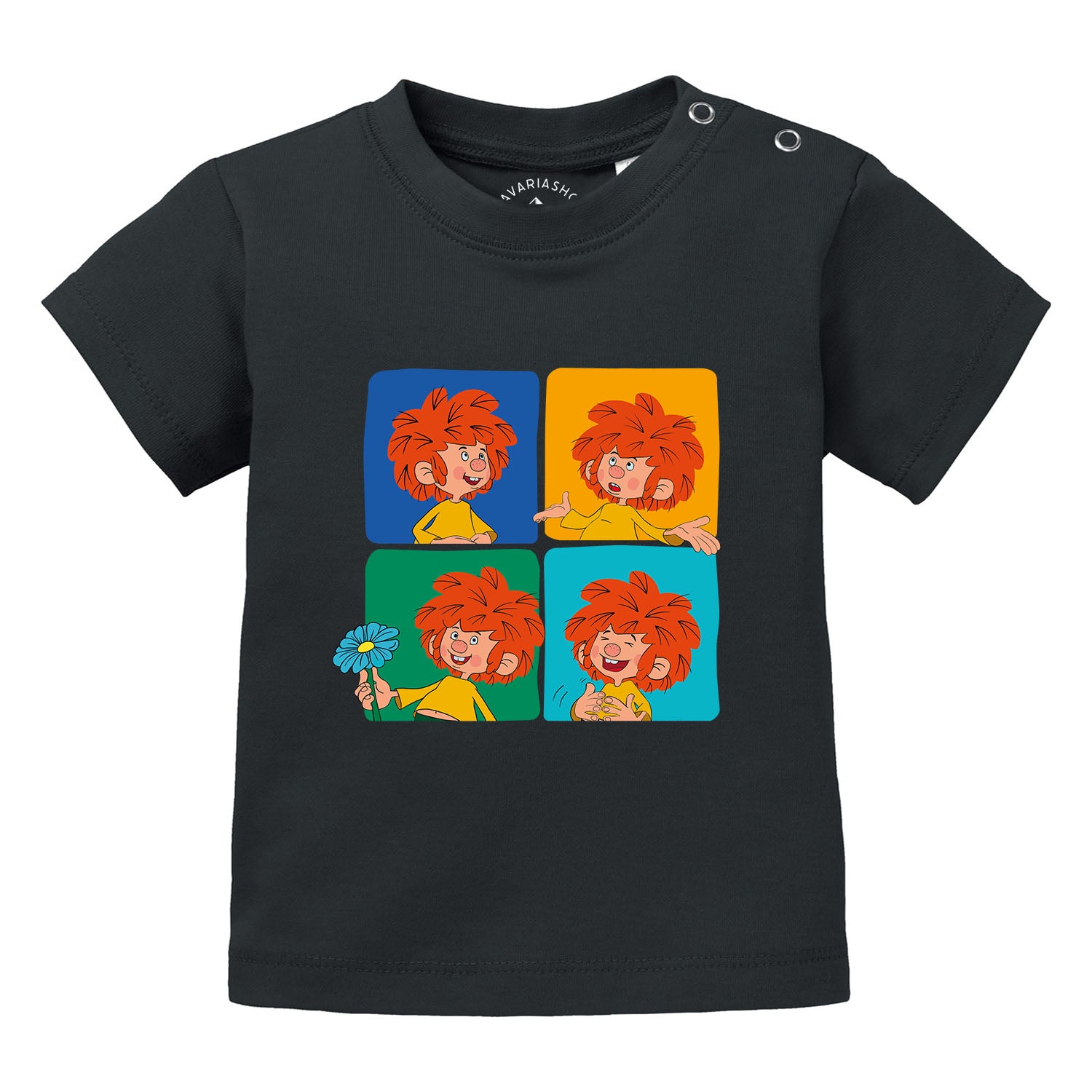 Schwarzes Pumuckl Baby T-Shirt Meisterwerk mit vier Darstellungen des Kobolds in farbigen Feldern, Druckknöpfe an der Schulter