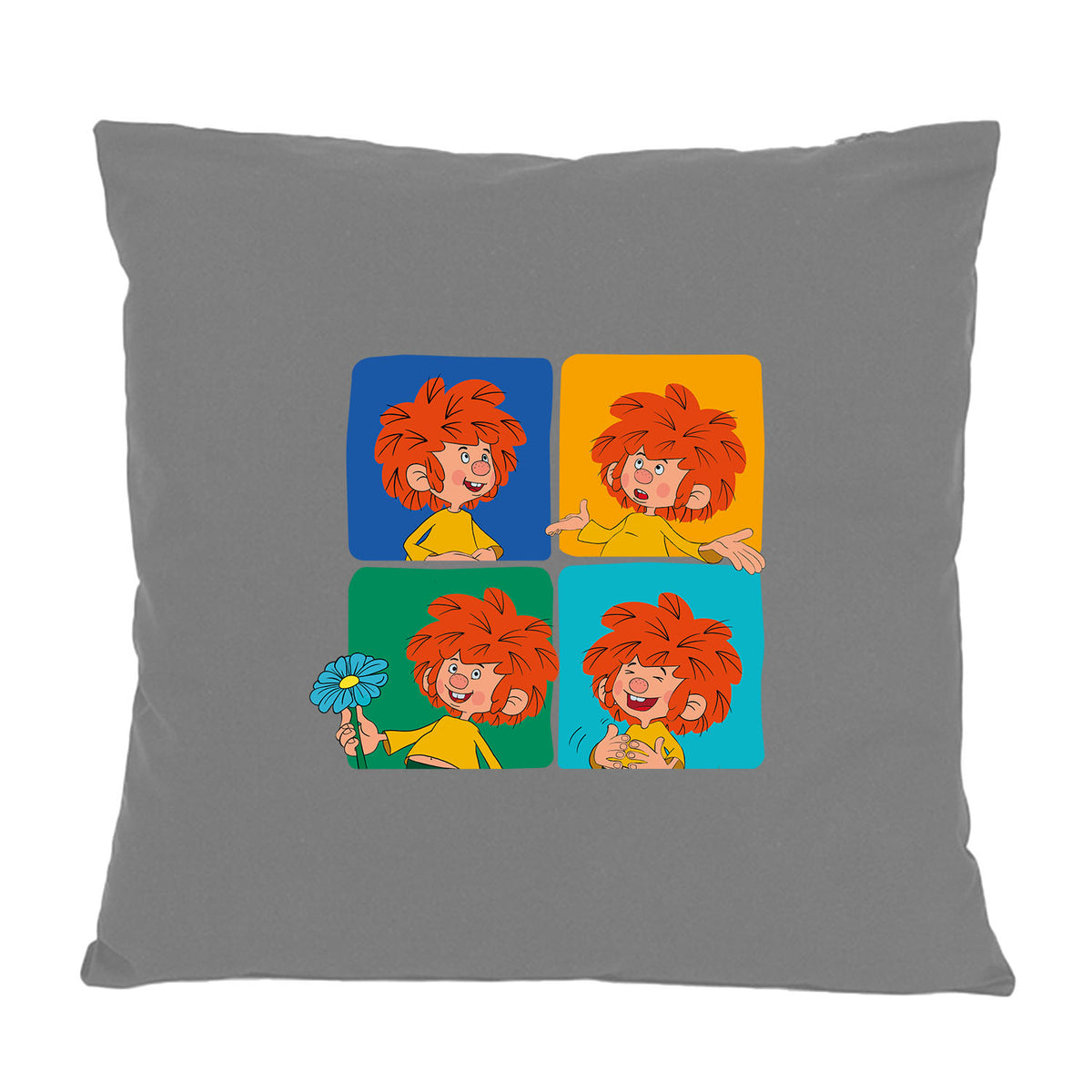 Graues ®Pumuckl Kissen Meisterwerk mit vier bunten Quadraten, die jeweils eine Pumuckl-Emotion zeigen.