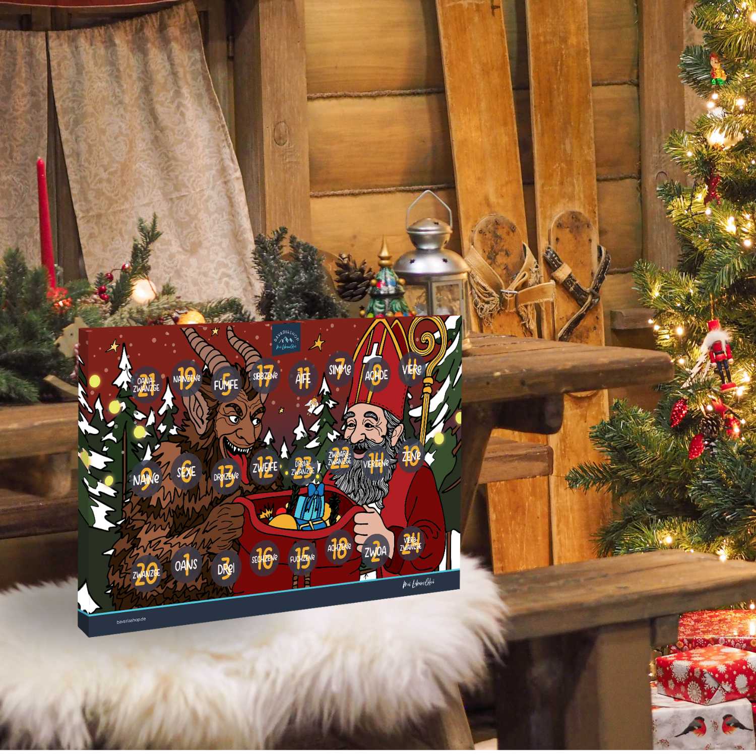 Bayrischer Schoko-Adventskalender "Märchenwald" mit Krampus und Nikolaus in Weihnachtshütte, festlich geschmückt.