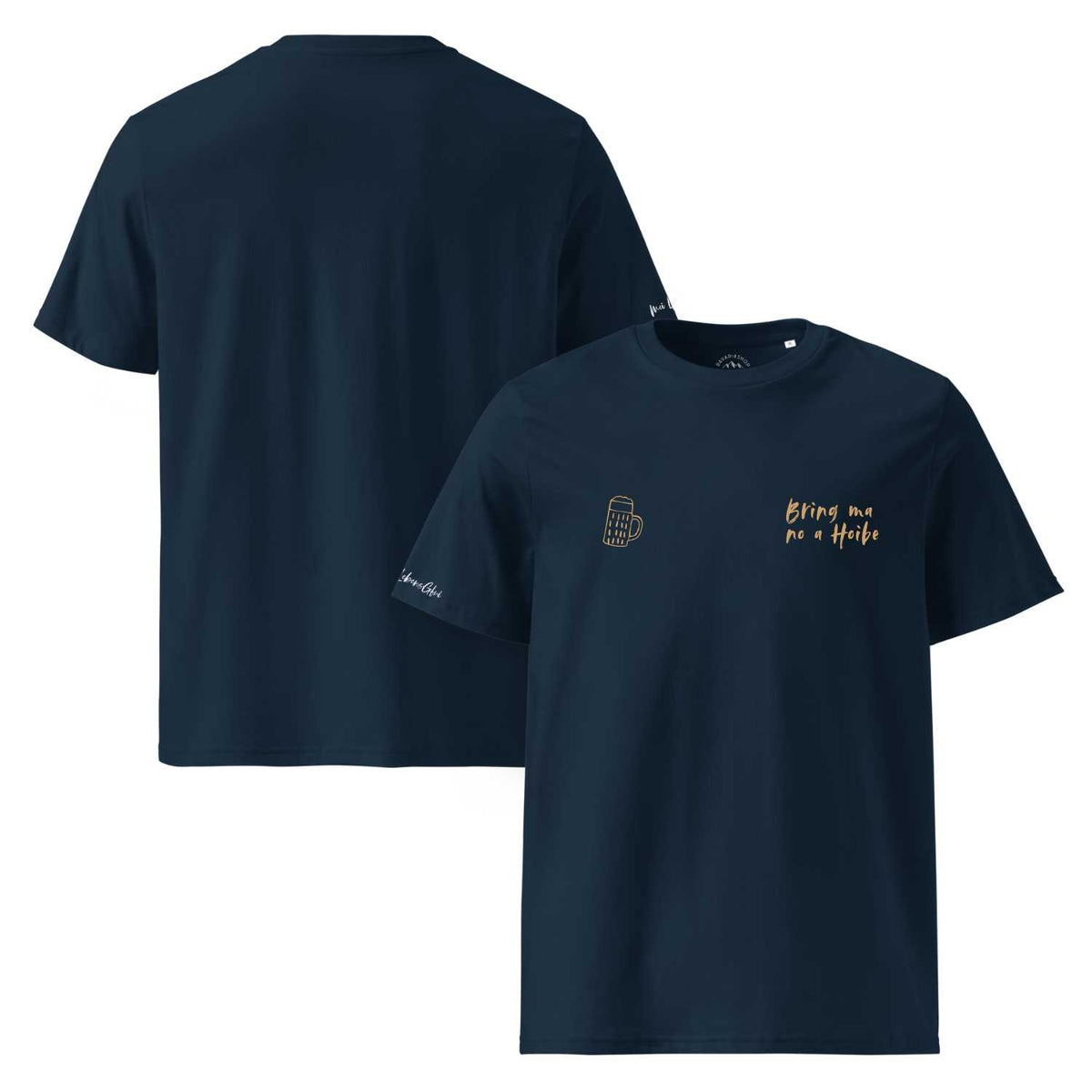 Herren T-Shirt Bring ma no a Hoibe in Dunkelblau mit goldener Bierkrug-Illustration und Schriftzug auf der Brust.
