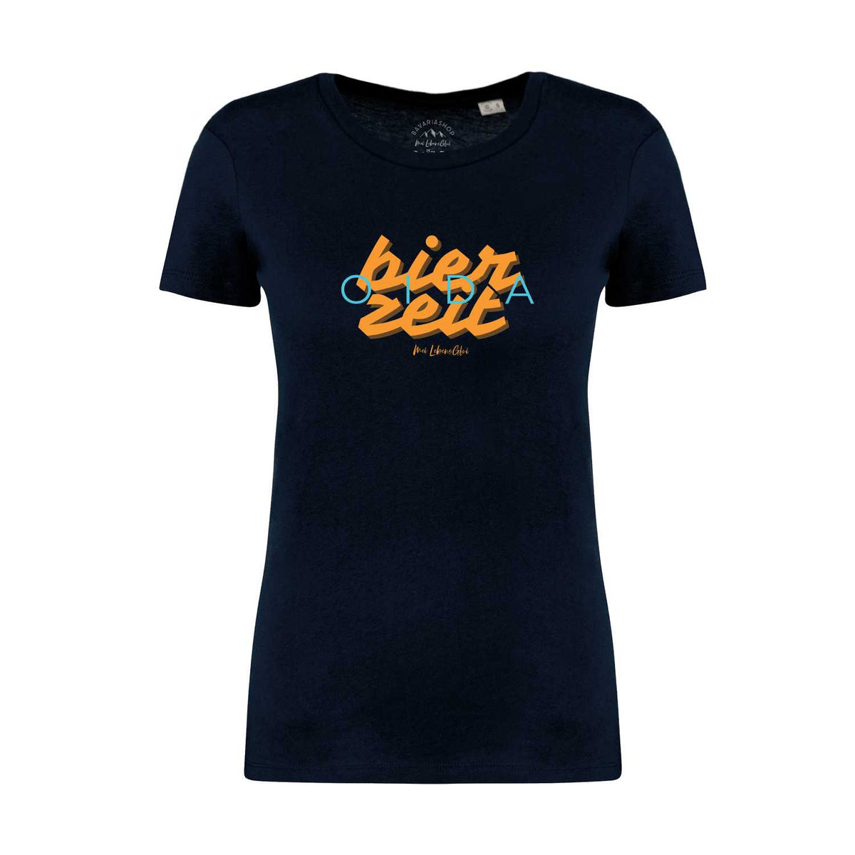 Damen T-Shirt Bierzeit in Dunkelblau mit orange-blauer Aufschrift und kurzen Ärmeln.