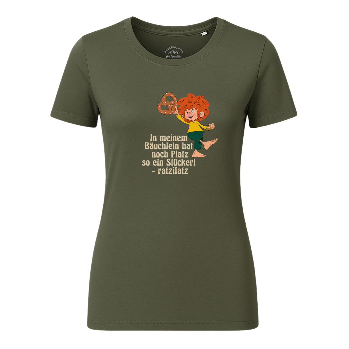 Pumuckl T-Shirt Damen „Brezn Stückerl“ in Olivgrün, Vorderansicht mit Pumuckl und Spruch