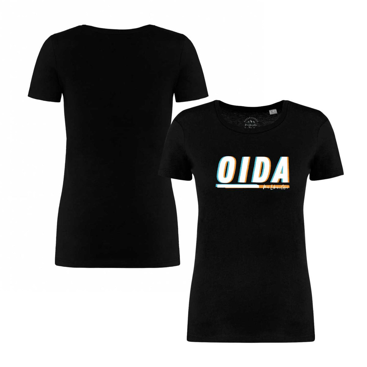 Schwarzes Damen T-Shirt Oida mit blau-orangenem 3D-Druck und bayerischem Spruch auf der Brust