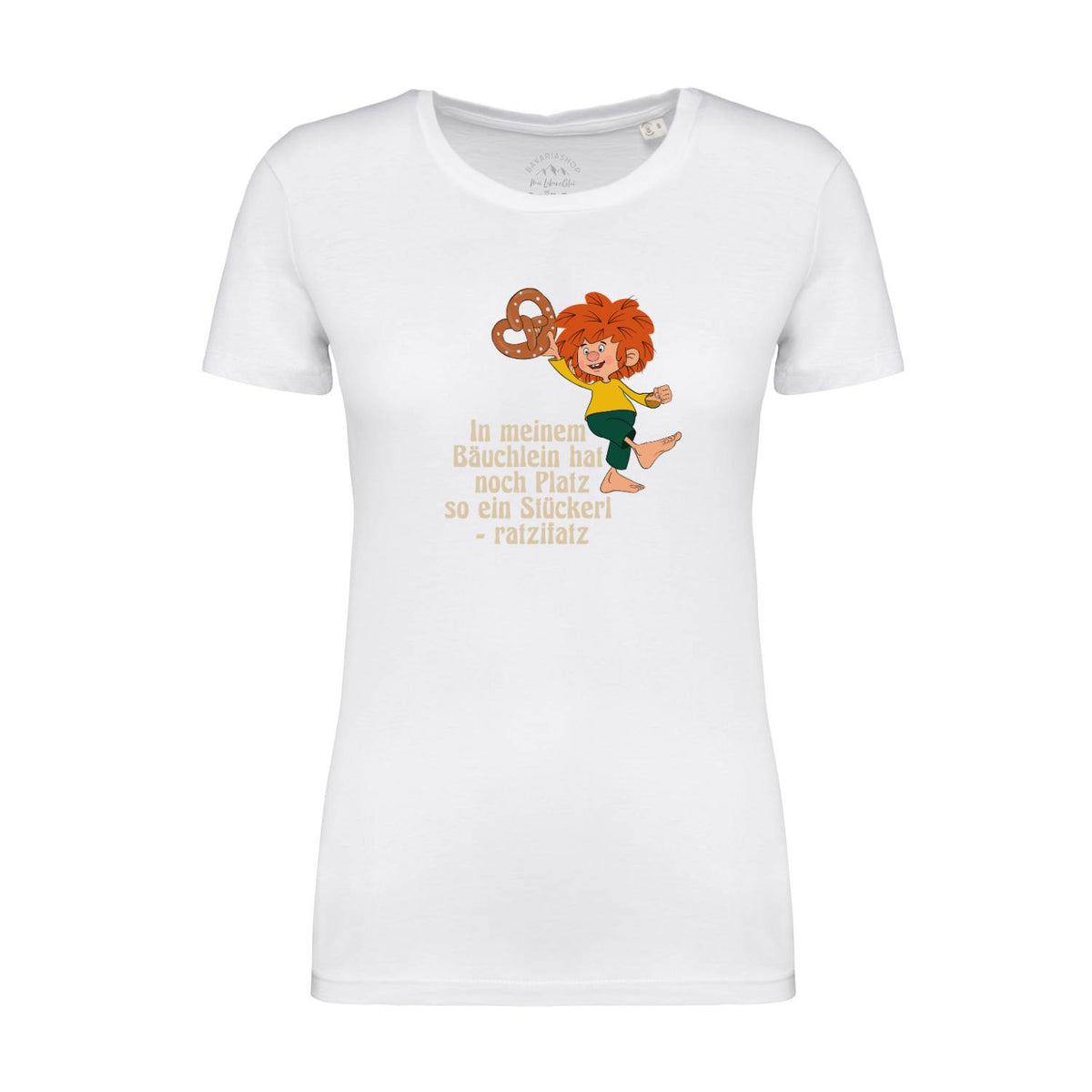Pumuckl T-Shirt Damen „Brezn Stückerl“ in Weiß mit Pumuckl und Brezn-Spruch