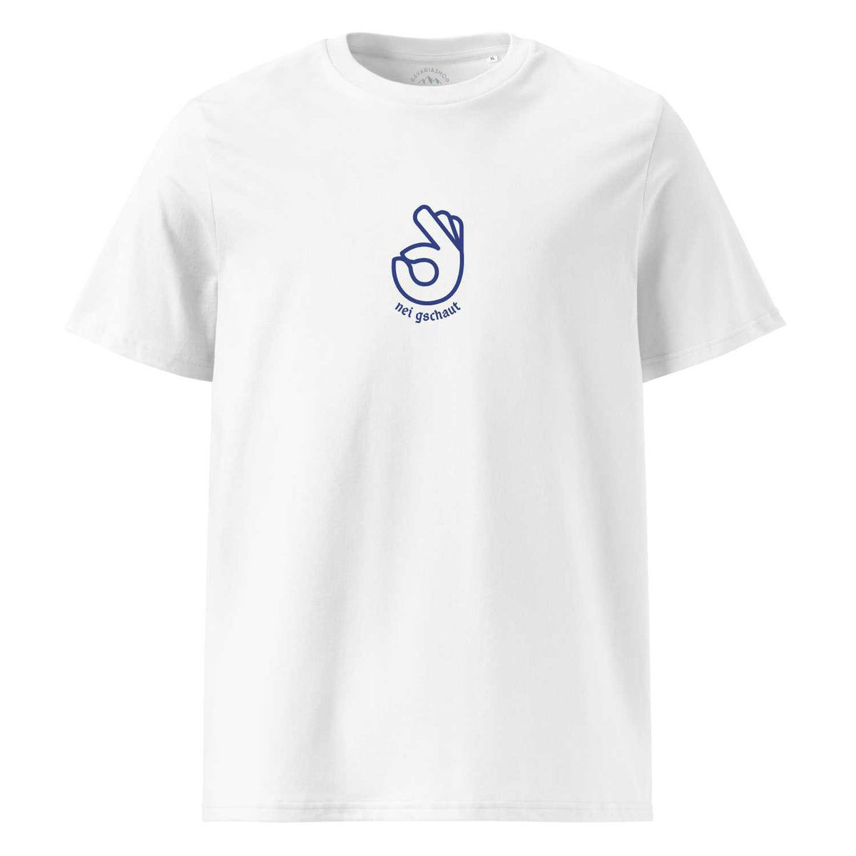Weißes Herren T-Shirt "Nei gschaut" aus Baumwolle mit blauem Handzeichen-Print und Aufschrift