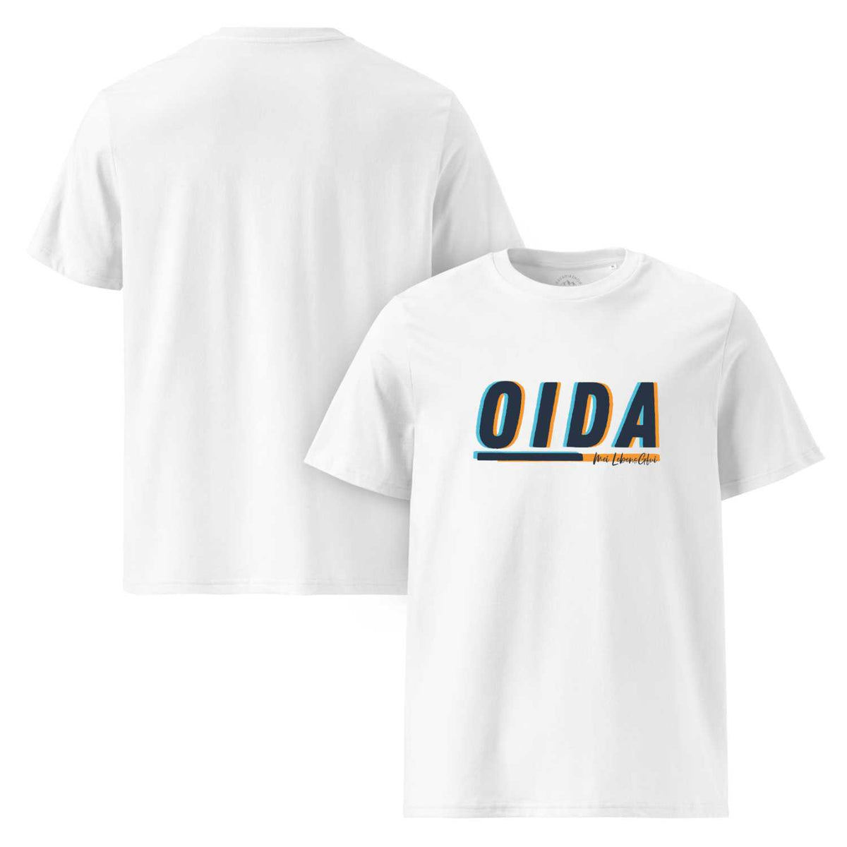 Weißes Herren T-Shirt Oida mit blau-orangefarbener Schrift und Schriftzug "mei Lebns Gwui