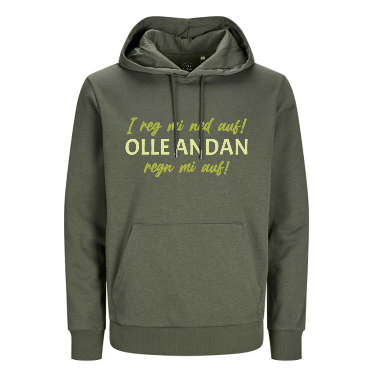 Grüner Hoodie "I reg mi ned auf..." mit Spruch, Kapuze und Kängurutasche für Damen und Herren.