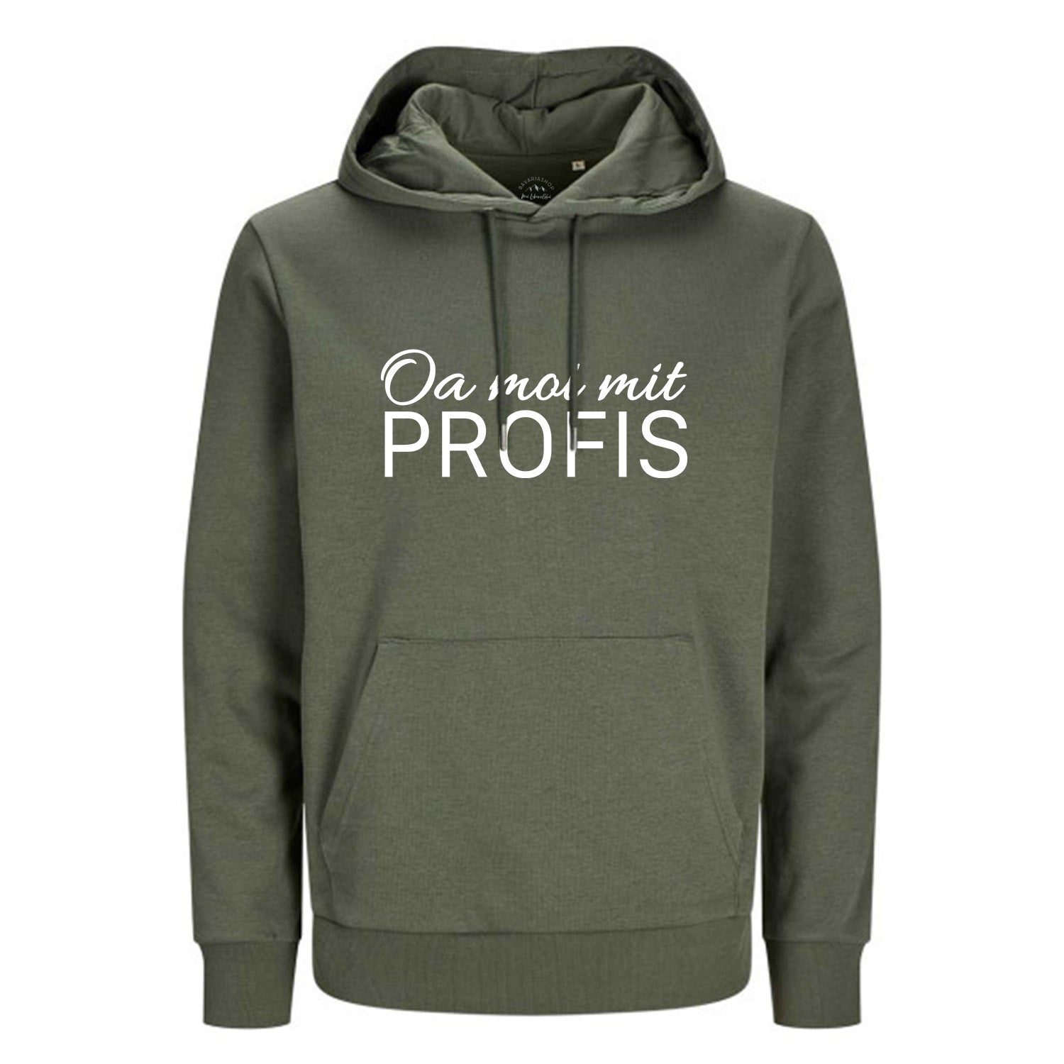 Grüner Hoodie Oa moi mit Profis! mit weißem Schriftzug, Kapuze und Bauchtasche.