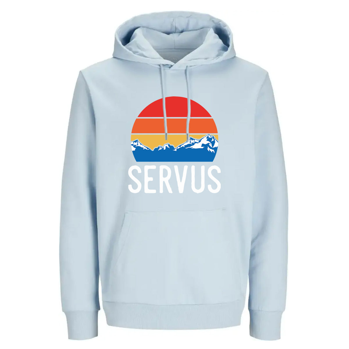 Blauer Hoodie Servus Berge mit bunten Bergmotiv und Schriftzug auf der Vorderseite, Kängurutasche.