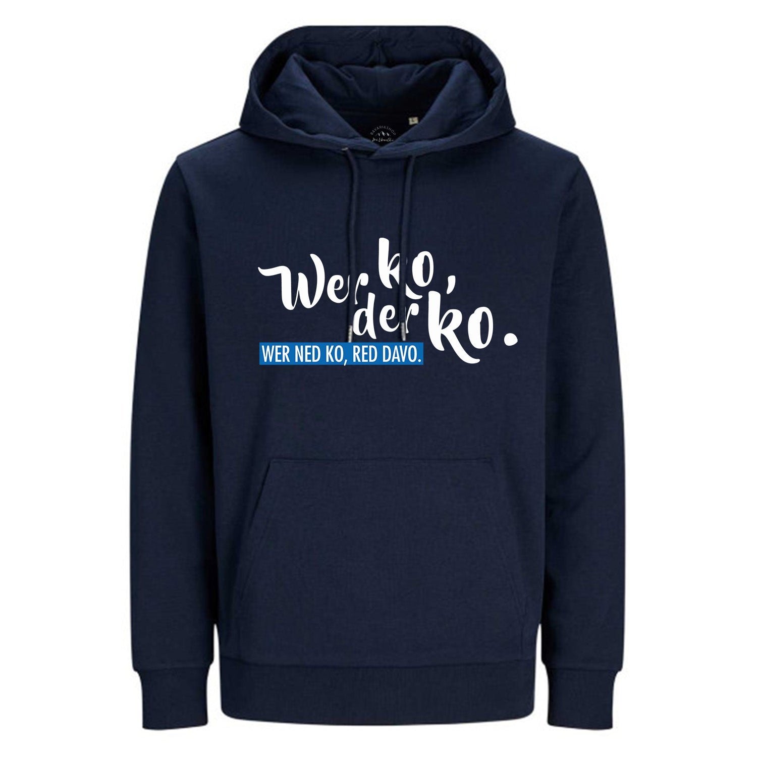 Dunkelblauer Hoodie Wer ko, der ko mit weißem Schriftzug und blauem Akzent, sportliches Kapuzenpullover-Design.