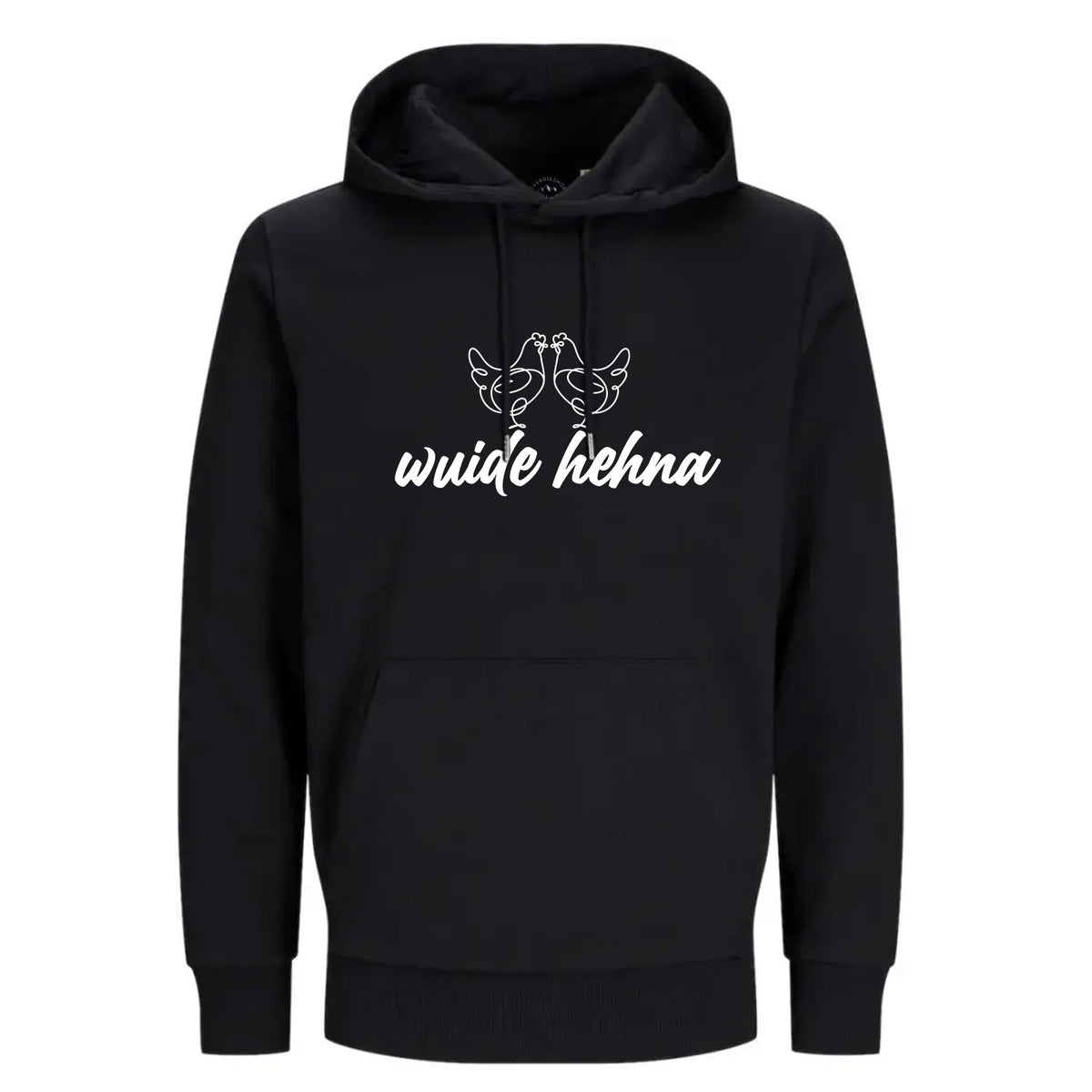 Schwarzer Hoodie Wuide Henna mit weißem Hühnermotiv und Schriftzug, Kapuze und Bauchtasche.