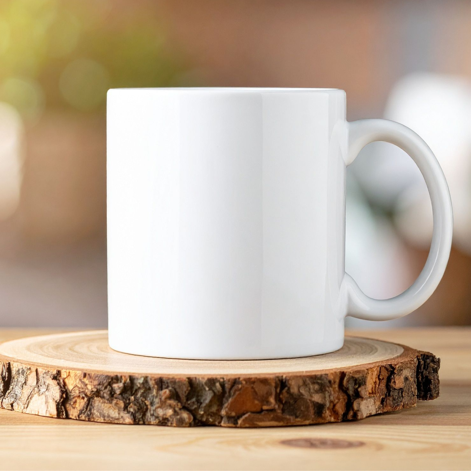 Weiße Keramiktasse als Engel Aloisius Tasse mit Wunschname auf rustikalem Holzuntersetzer.