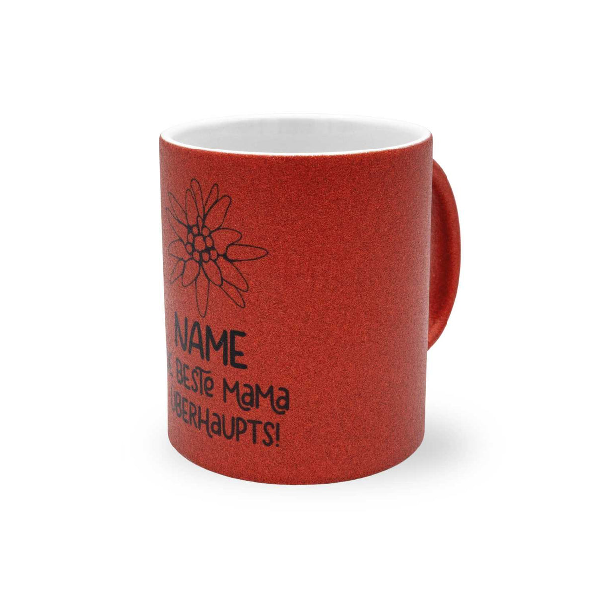 Personalisiertes Kaffee Haferl "De beste Mama überhaupts" in Rot mit Edelweiß-Motiv als Geschenk für Mütter.