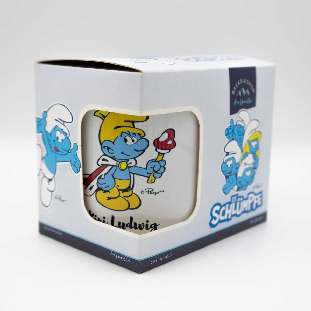 ®Die Schlümpfe Emailletasse "Kini" personalisiert in Geschenkbox, mit König-Schlumpf Motiv und Pilz.