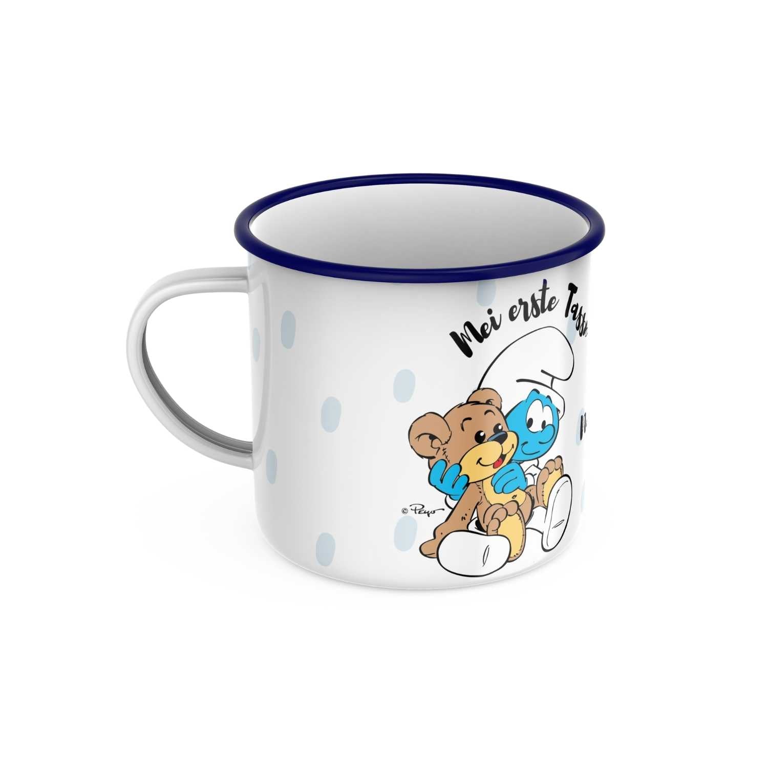 Schlümpfe Emailletasse Mei erste Tassn personalisiert, weiß mit blauen Punkten, Schlumpf mit Teddy und Schriftzug