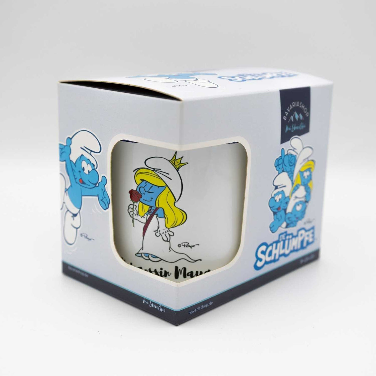 Die Schlümpfe Emailletasse Prinzessin personalisiert, mit Schlumpfine-Motiv auf hellgrauer Geschenkverpackung.