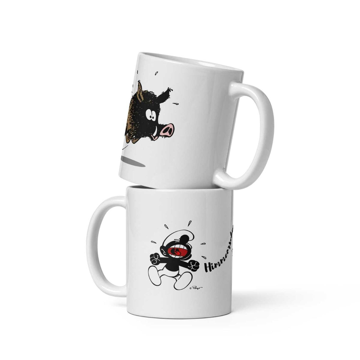 Zwei ®Die Schlümpfe Tassen Himmeorschundzwirn übereinander, eine mit Wildschwein, die andere mit schwarzem Schlumpf.