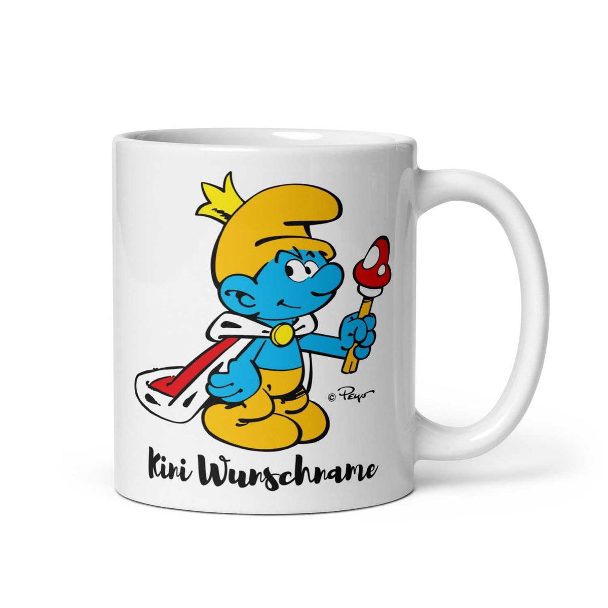 Weiße Schlümpfe Tasse "Kini" personalisiert mit Bild eines Schlümpfes als König und Wunschname