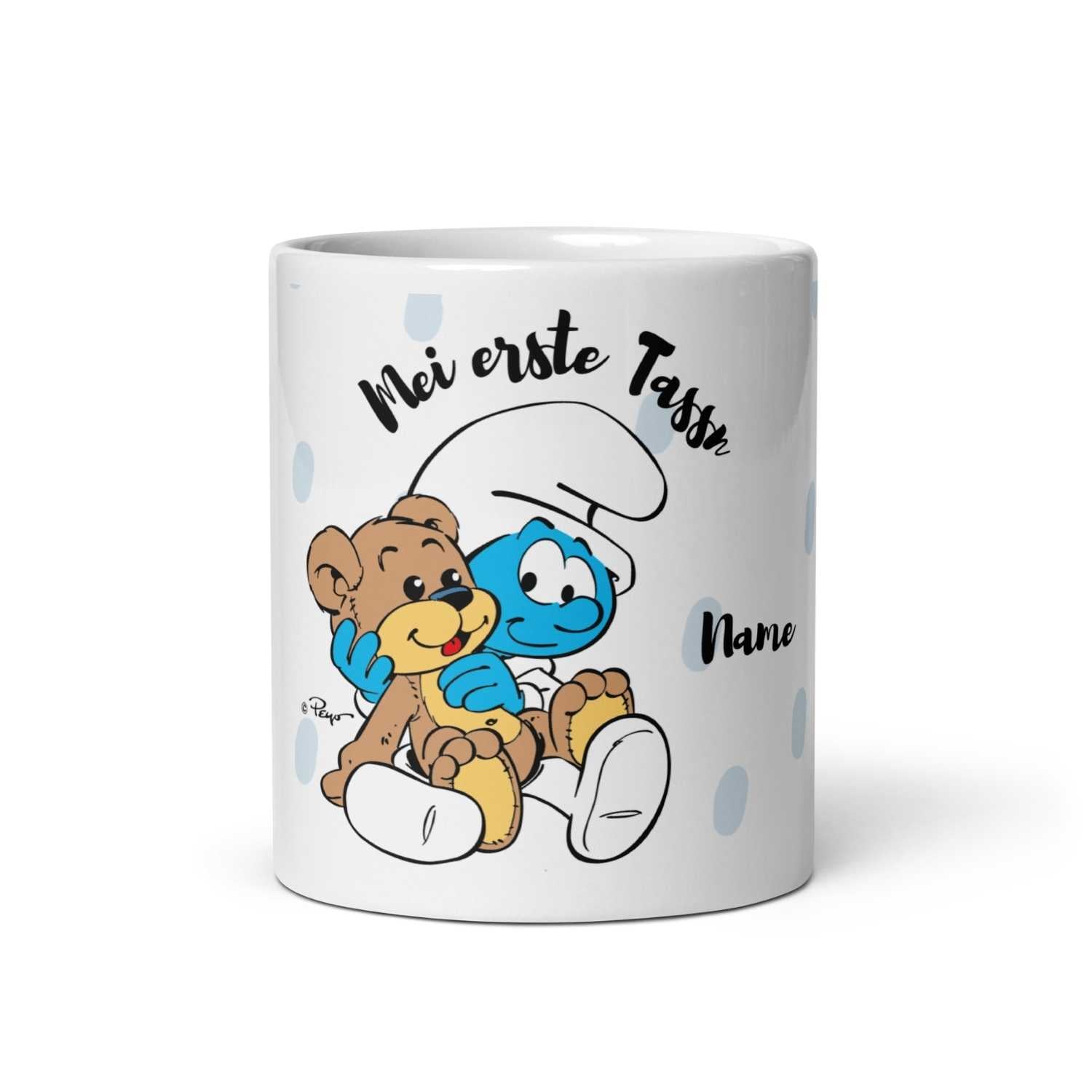 ®Die Schlümpfe Tasse "Mei erste Tassn" personalisiert mit Schlumpf und Teddybär, blau gepunktet.