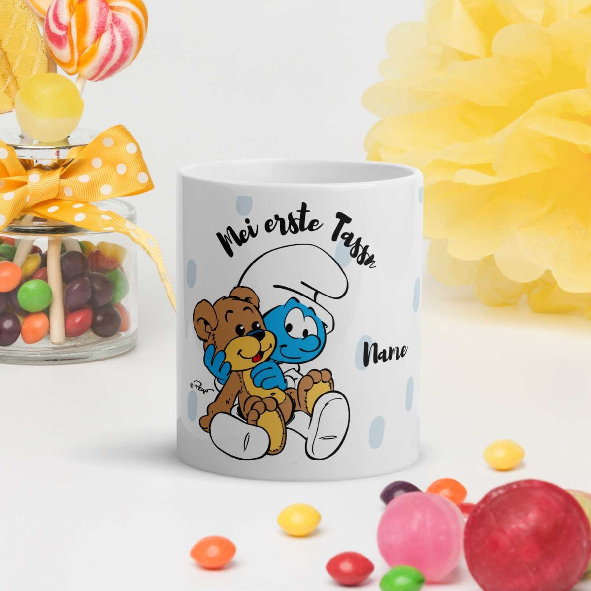 Weiße Schlümpfe Tasse Mei erste Tassn mit Schlumpf und Teddybär, personalisierbar für Babys & Kinder.