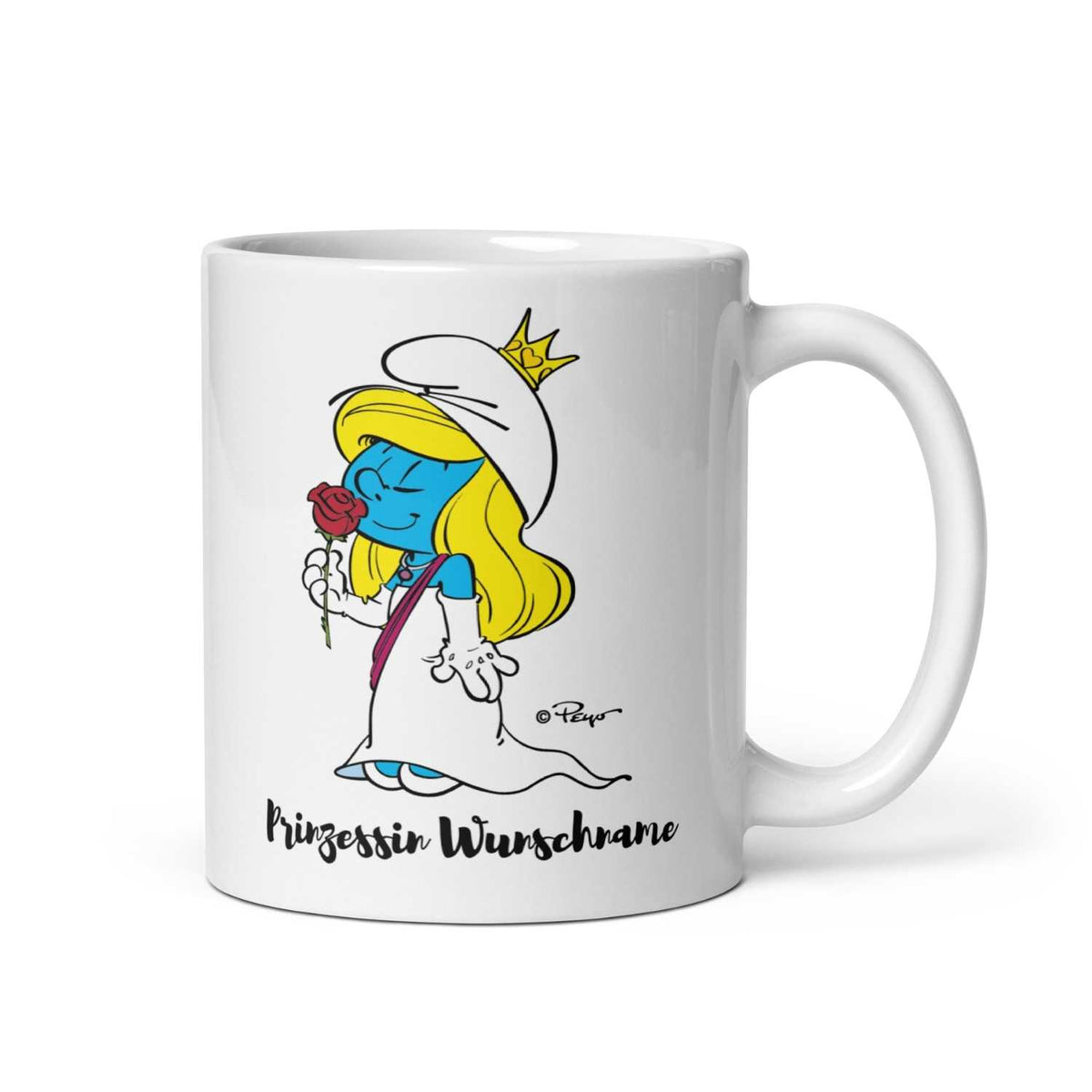 Weiße ®Die Schlümpfe Tasse Prinzessin personalisiert, mit blondem Schlumpfmädchen und roter Rose.