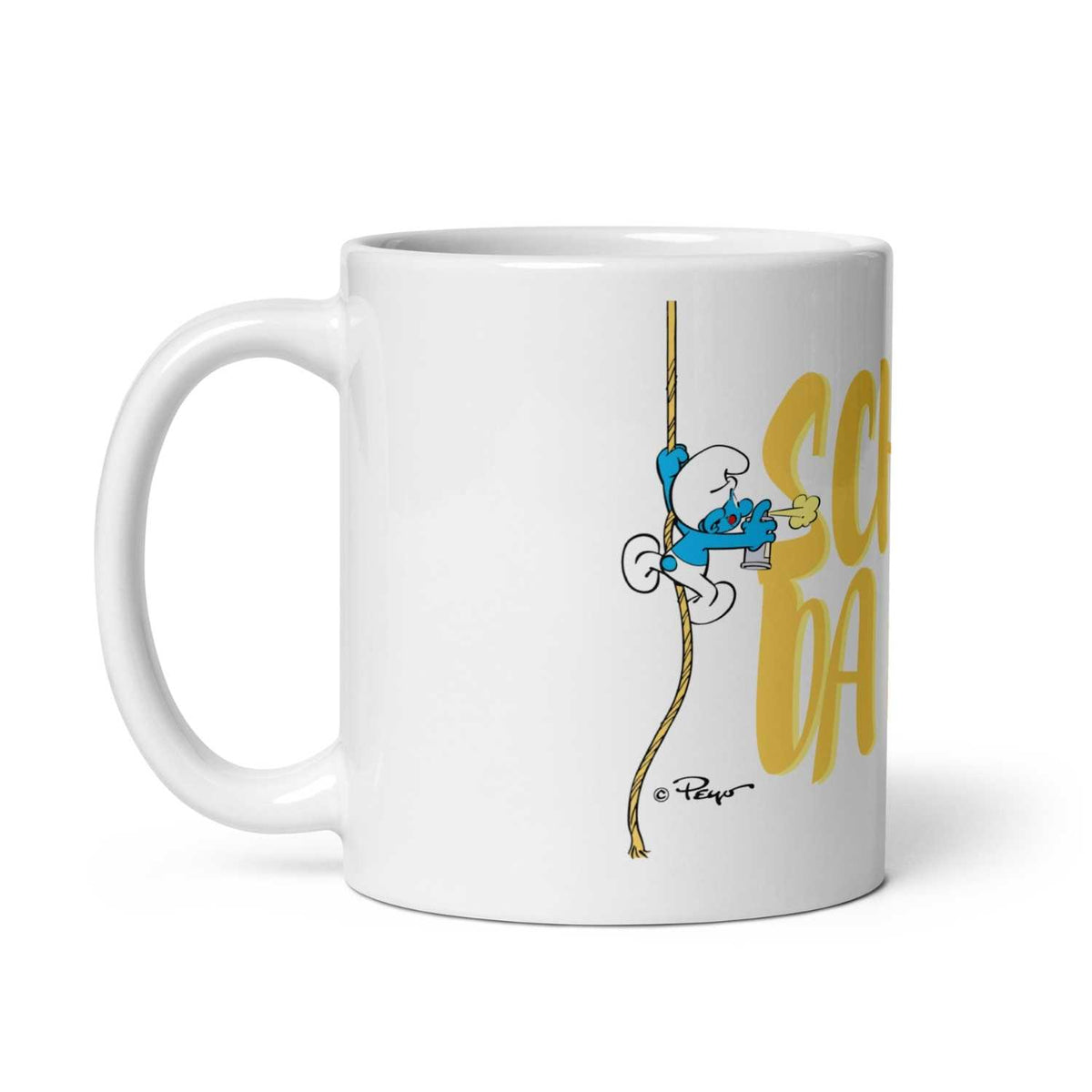 Schlümpfe Tasse Scheiß da nix mit schlumpfblauem Motiv, das einen Schlumpf beim Klettern am Seil zeigt.