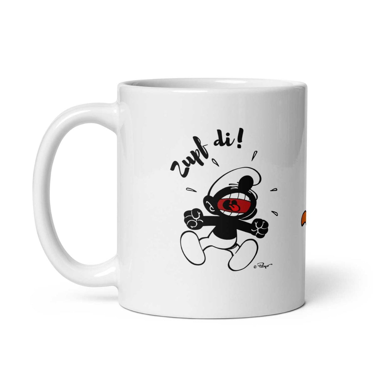 Weiße Die Schlümpfe Tasse Zupf di! mit schwarzem, schreiendem Schlumpf und rotem Mund auf der Seite.