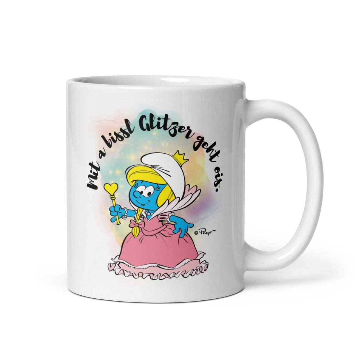 Die Schlümpfe Tasse Glitzer mit Schlumpfine als Prinzessin im rosa Kleid und Zauberstab, Spruch Mit a bisse Glitzer geht ois.
