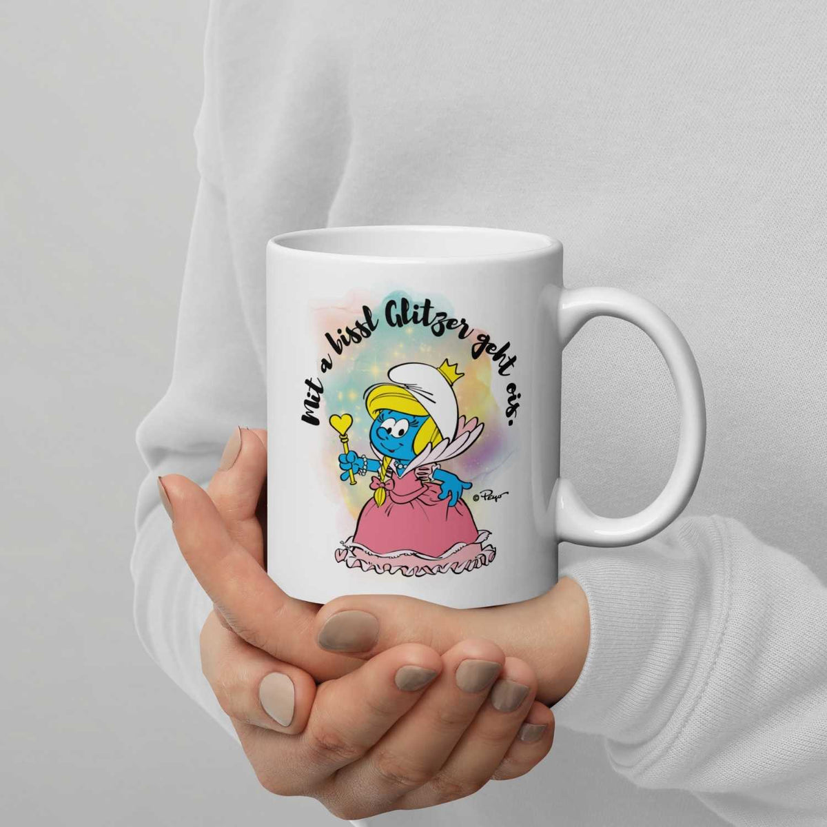 Weiße Die Schlümpfe Tasse Glitzer mit Prinzessin Schlumpfine und Spruch Mit a bissl Glitzer geht ois.