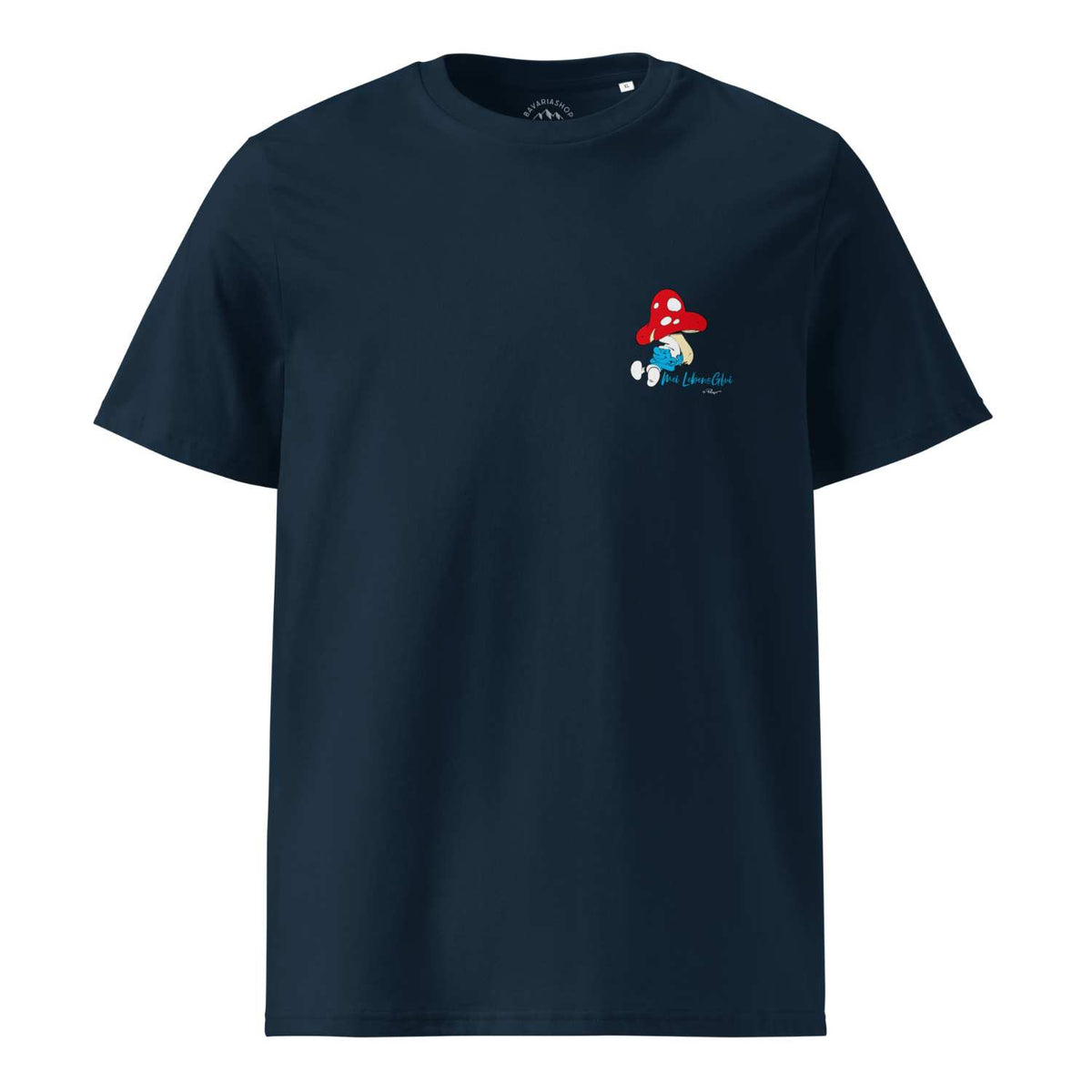 Dunkelblaues Schlümpfe Herren T-Shirt "Do legst di nieda" mit blauem Schlumpf unter rotem Pilz-Dach.