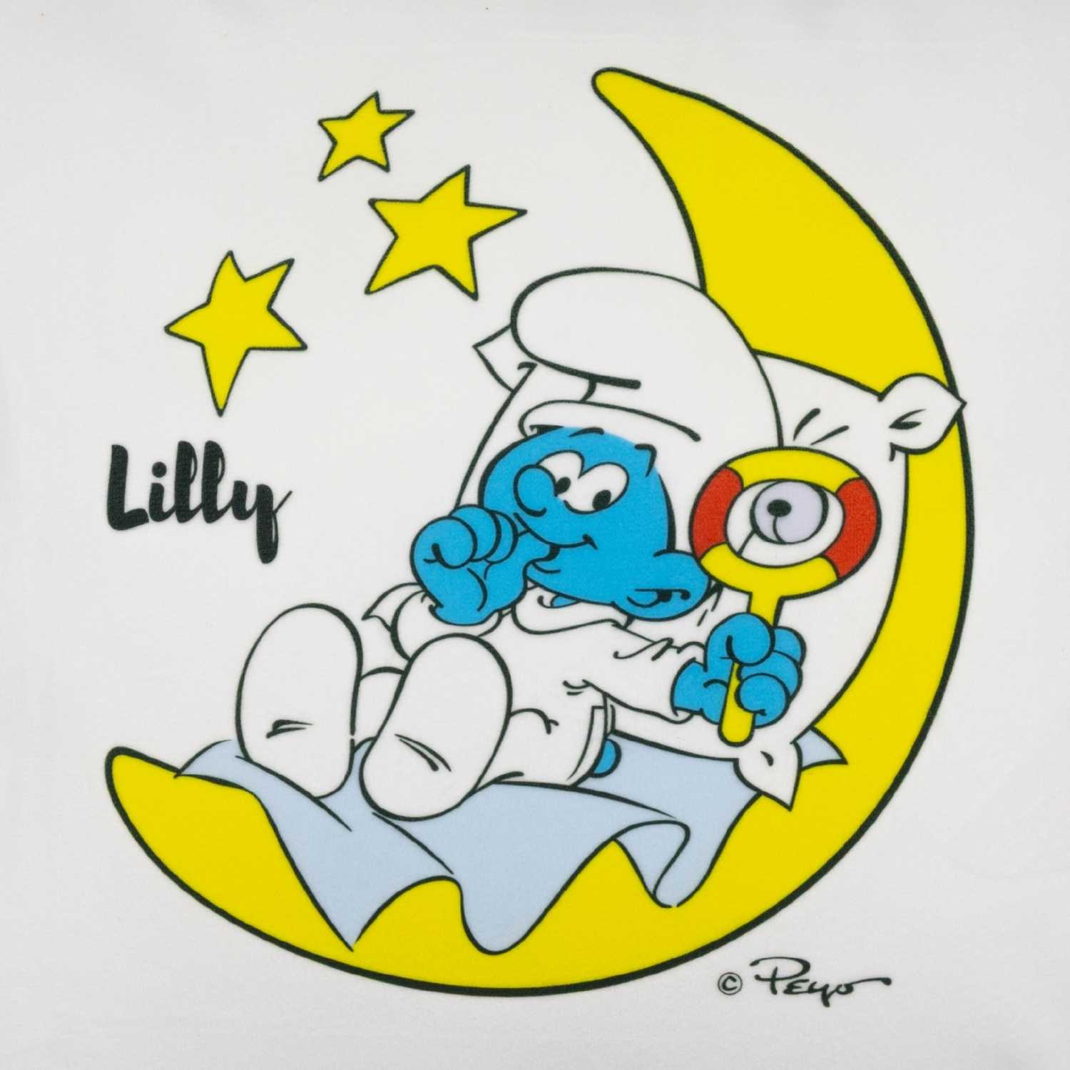 Schlumpf Baby liegt im Mond mit Sternen, "Erstes Schlumpf Kissen" Kuschelkissen personalisiert, süßes Design.