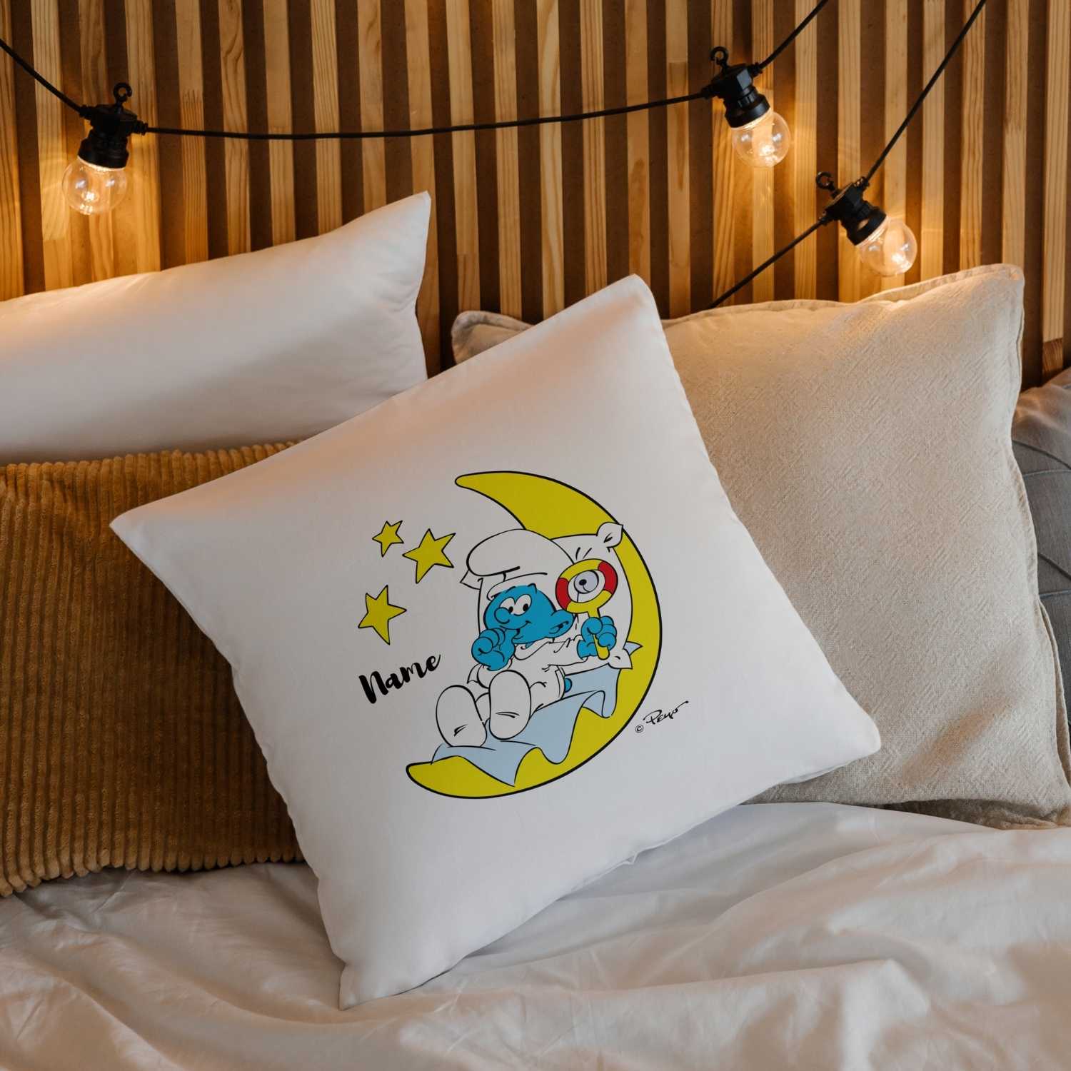 Weißes ®Die Schlümpfe "Erstes Schlumpf Kissen" Kuschelkissen mit Babyschlumpf auf Mond und Personalisierung "Name