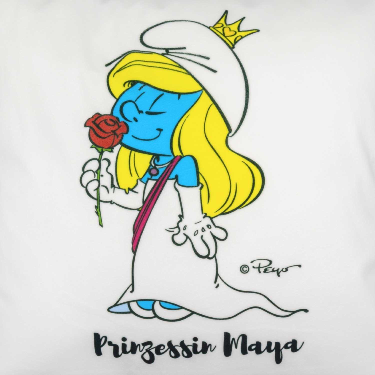 Die Schlümpfe Prinzessin Schlumpfine Kuschelkissen Motiv personalisiert: Maya schnuppert an roter Rose.
