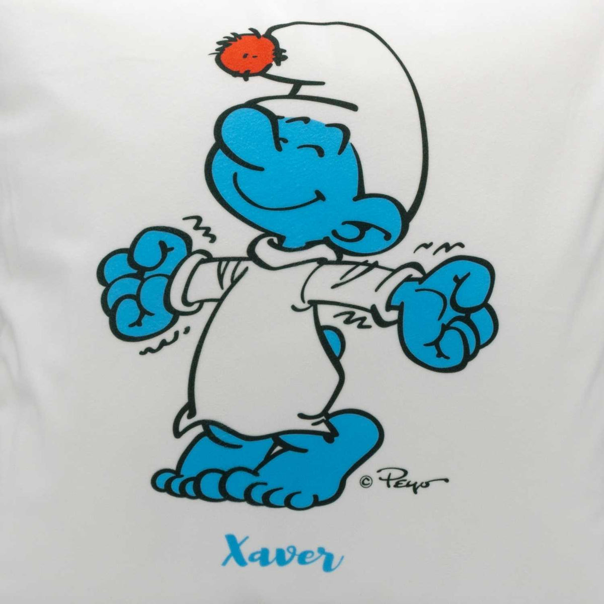 Weißes ®Die Schlümpfe Schlaf guad Kuschelkissen Motiv mit Schlumpf im Schlafanzug und personalisiertem Namen Xaver