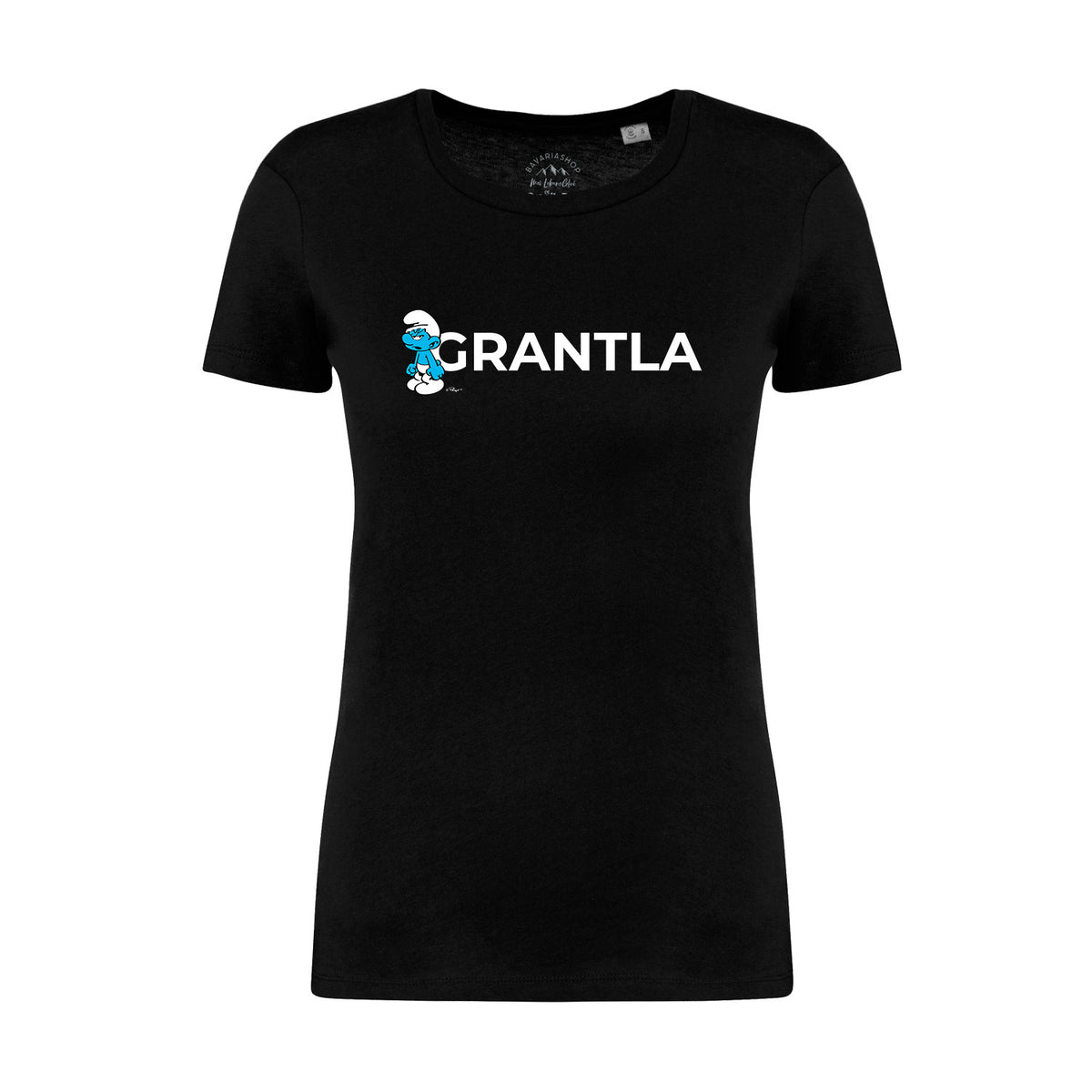 Schwarzes Damen T-Shirt "Grantla" mit Schlumpf Comic Figur und weißer Schrift auf der Brust.