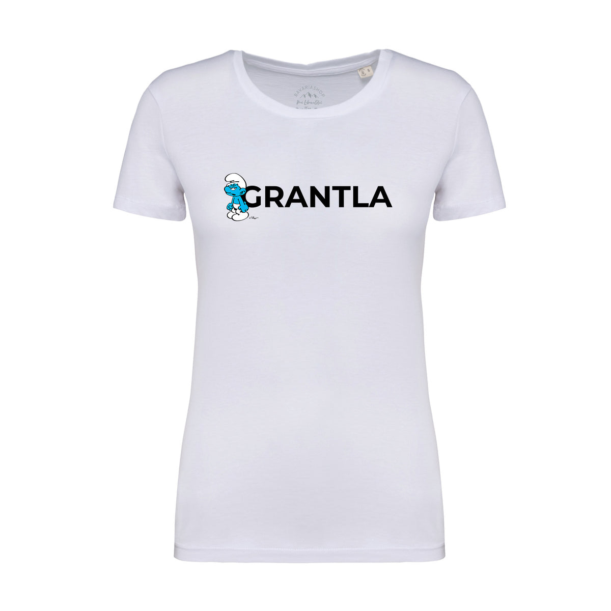 Weißes Damen T-Shirt Grantla von Die Schlümpfe mit grummeligem Schlumpf und Schriftzug