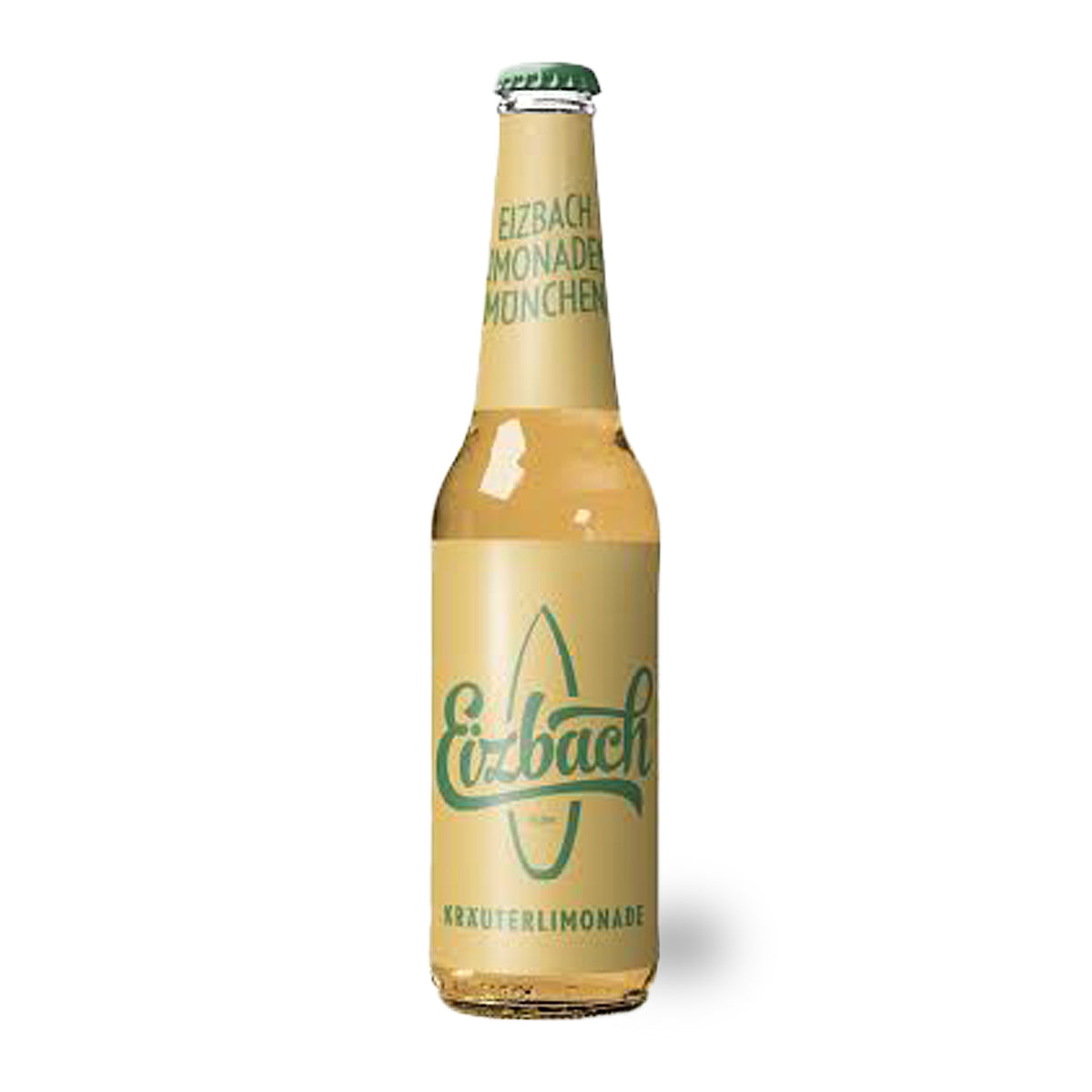 Eizbach Kräuter-Limo Flasche, hellgelbe Limonade mit grünem Etikett und Kronkorken, erfrischendes Getränk