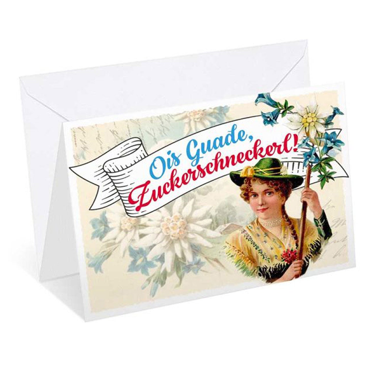 Glückwunschkarte "Zuckerschneckerl" mit Vintage-Mädchen, Edelweiß und Alpenblumen auf hellbeige Hintergrund.