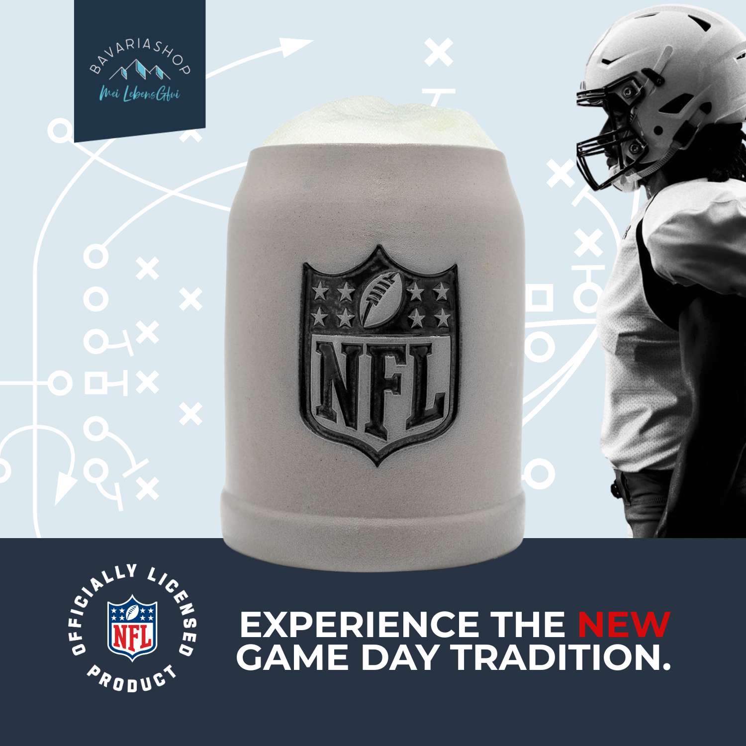 ®NFL PREMIUM Fan-Krug NFL Shield aus Steingut mit detailliertem NFL-Logo-Emblem und Schaumkrone.