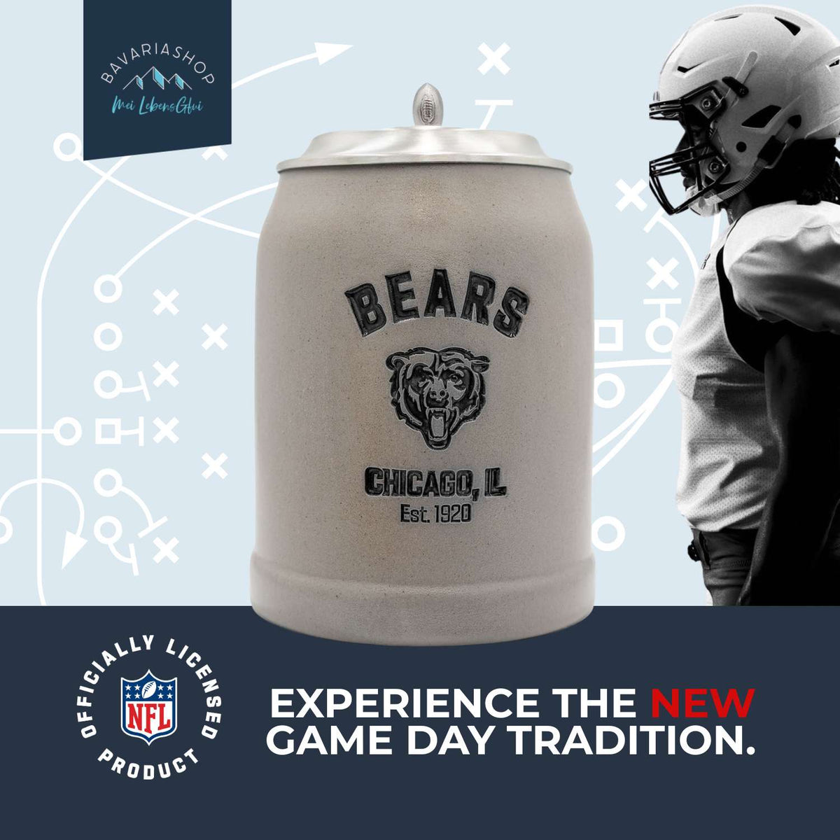 Premium NFL Teamkrug Chicago Bears mit Bären-Logo und Zinndeckel, Football-Hintergrund, ideales Fan-Geschenk.