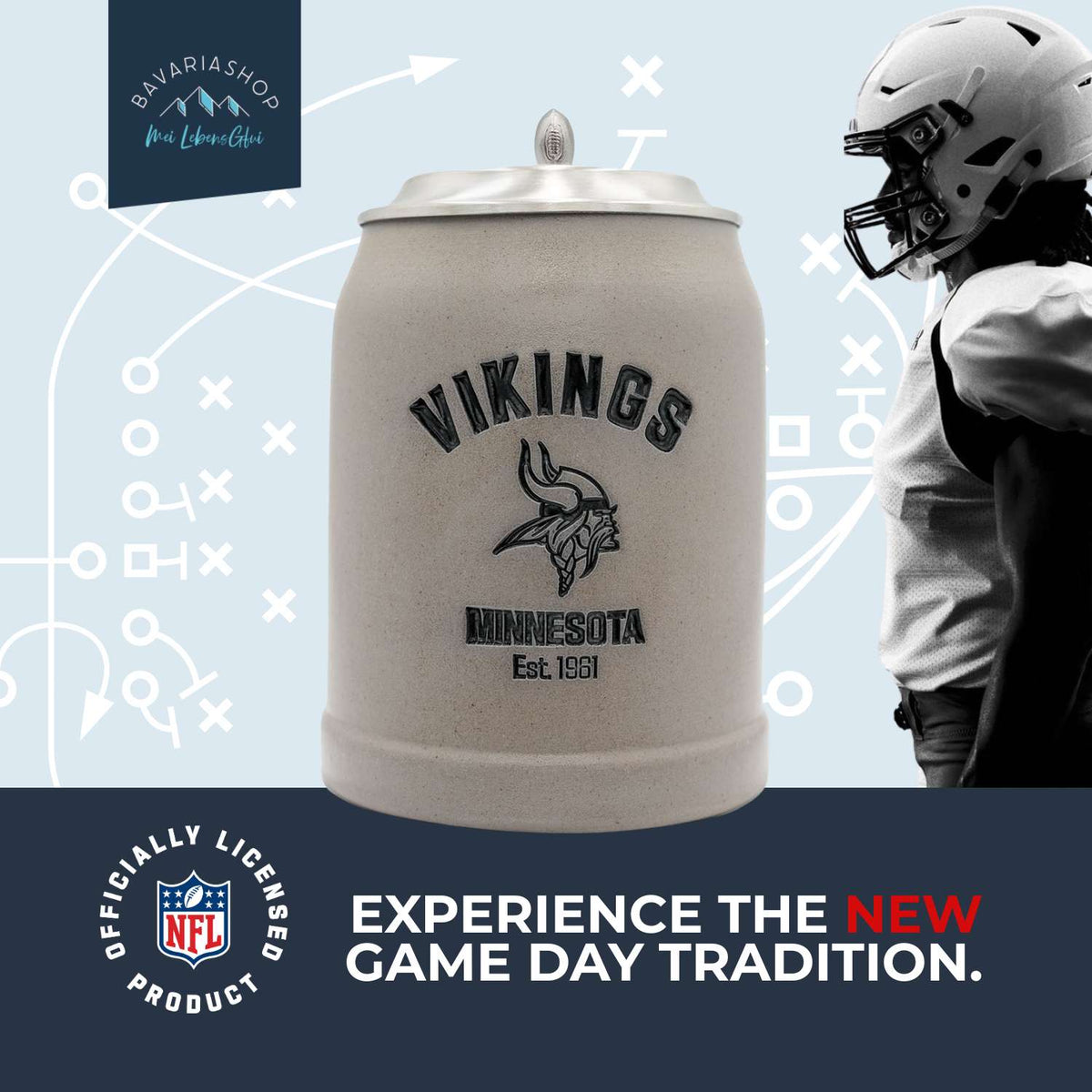®NFL PREMIUM Teamkrug Minnesota Vikings mit Wappen, Zinn-Deckel und Football-Detail vor Spieler.