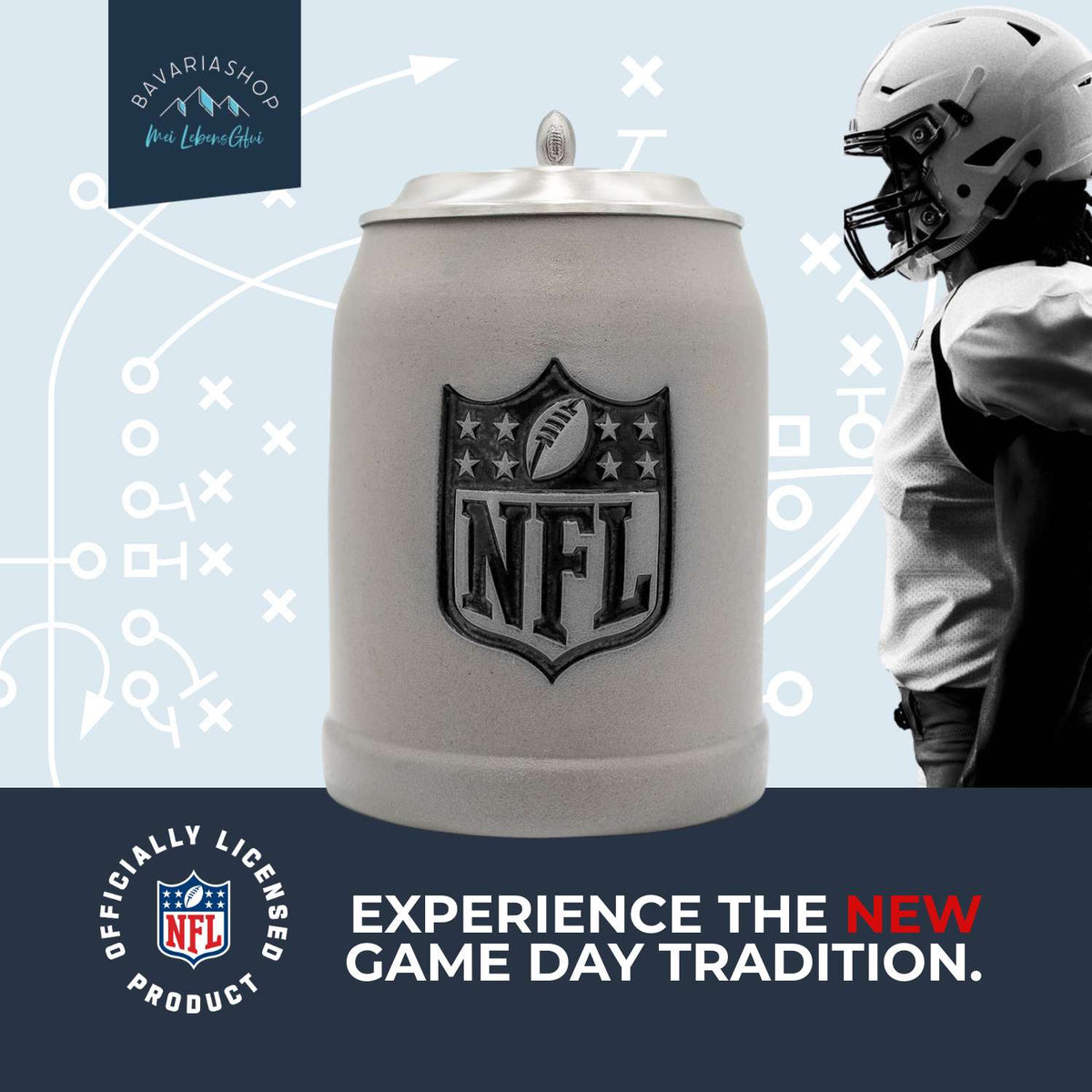 Grauer NFL PREMIUM Fan-Krug NFL Shield mit Football-Deckel und Spieler im Hintergrund.
