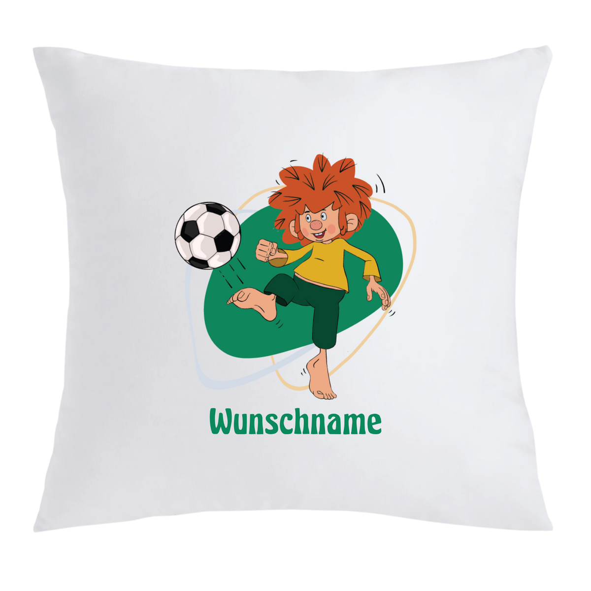 Weißes quadratisches Kissen mit Pumuckl Fußball Motiv und der Aufschrift Wunschname unten mittig.
