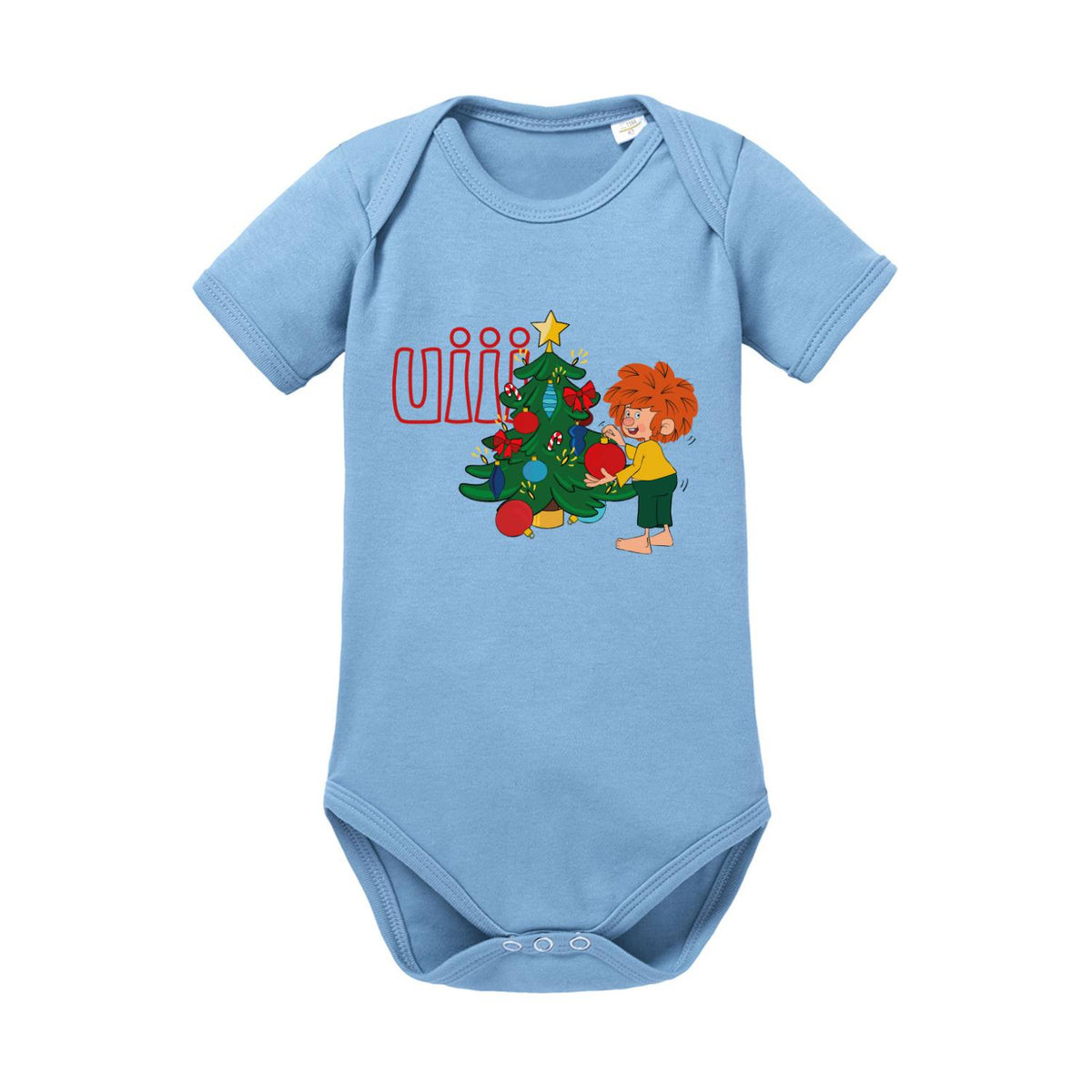 Pumuckl Baby-Body uiii Weihnachten, hellblau mit Pumuckl beim Schmücken des Weihnachtsbaumes