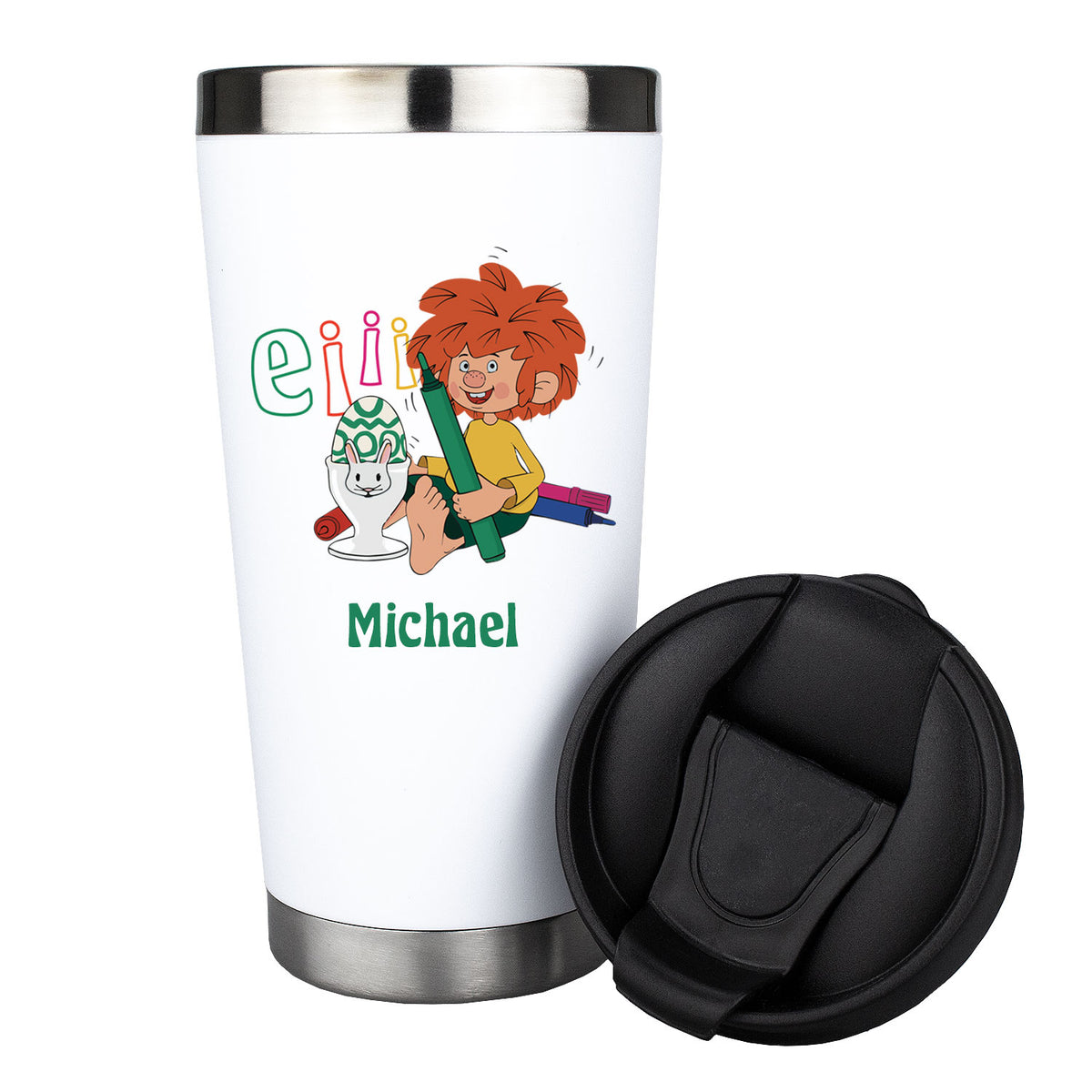 Weißer Pumuckl Thermo-Becher mit "Eiii Ostern" Aufschrift, Pumuckl bemalt Osterei, mit schwarzem Deckel