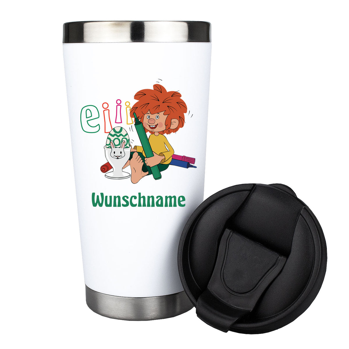 Weißer Edelstahl-Thermobecher mit Pumuckl-Motiv, der ein Osterei bemalt, Aufschrift Eiii Ostern und Wunschname.