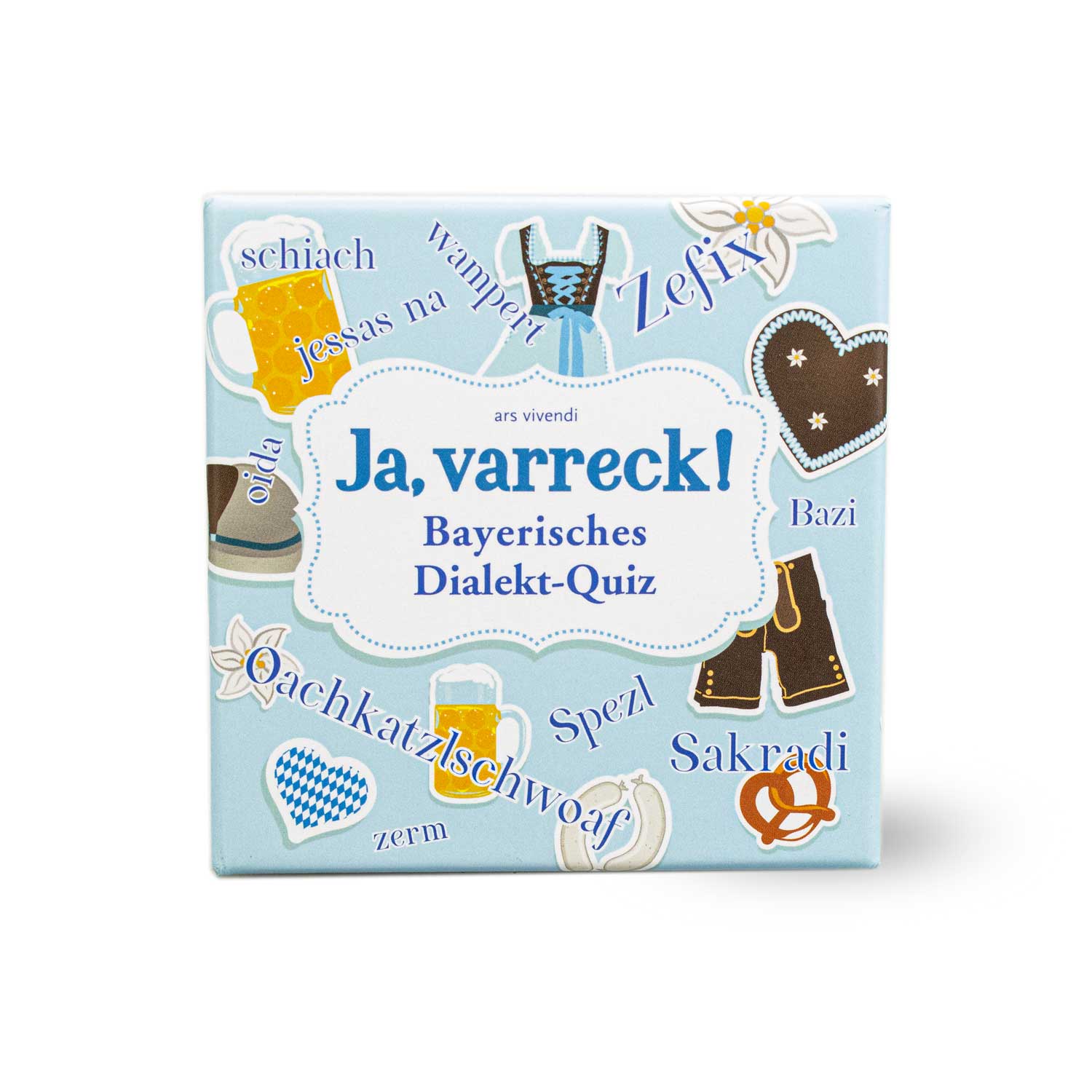 Boarisches Dialekt-Quiz Ja, varreck! Brettspiel in hellblauer Verpackung mit bayerischen Motiven und Sprüchen.
