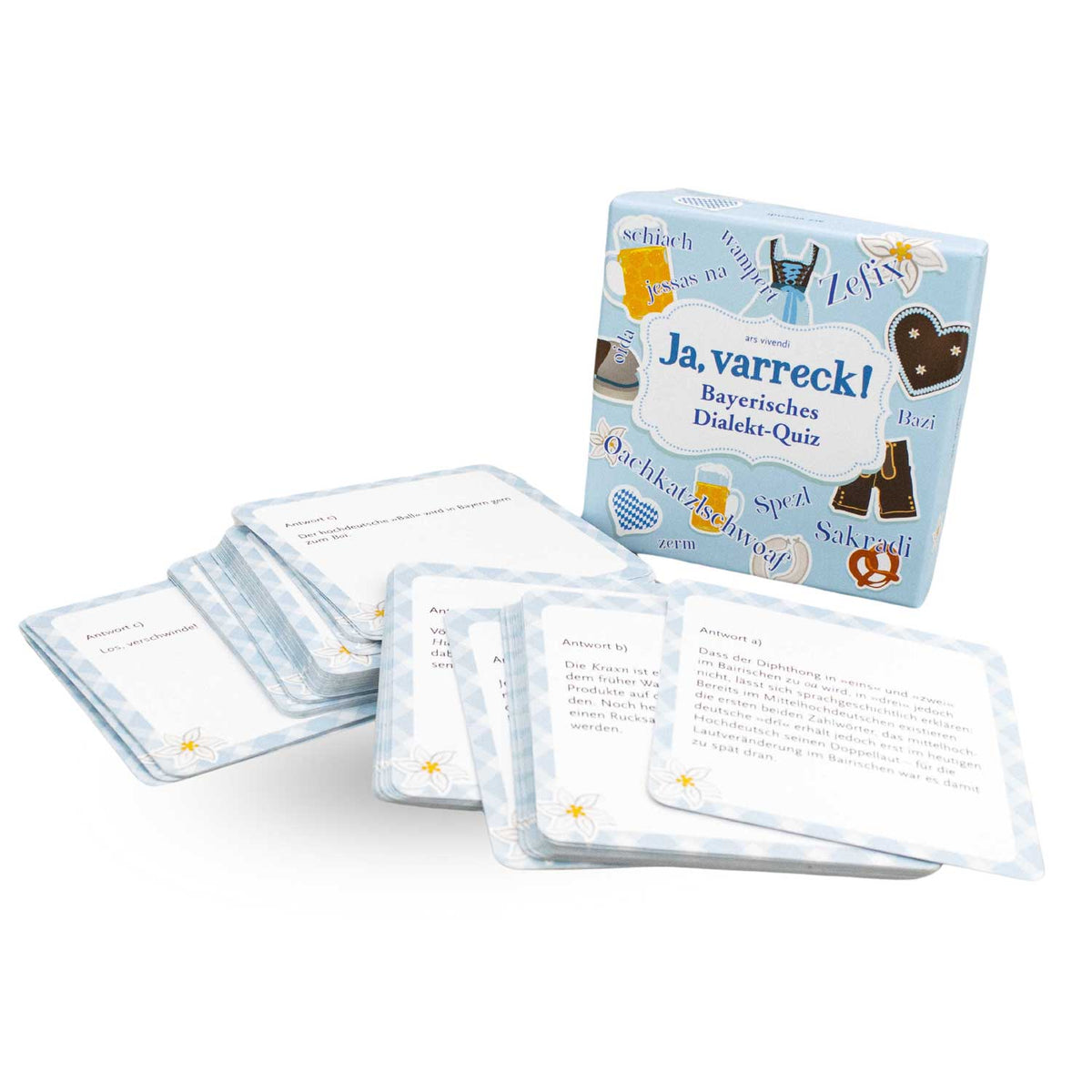 Ja, varreck! Boarisches Dialekt-Quiz Kartenspiel mit Fragen zu bayerischen Wörtern und ihrer Herkunft.
