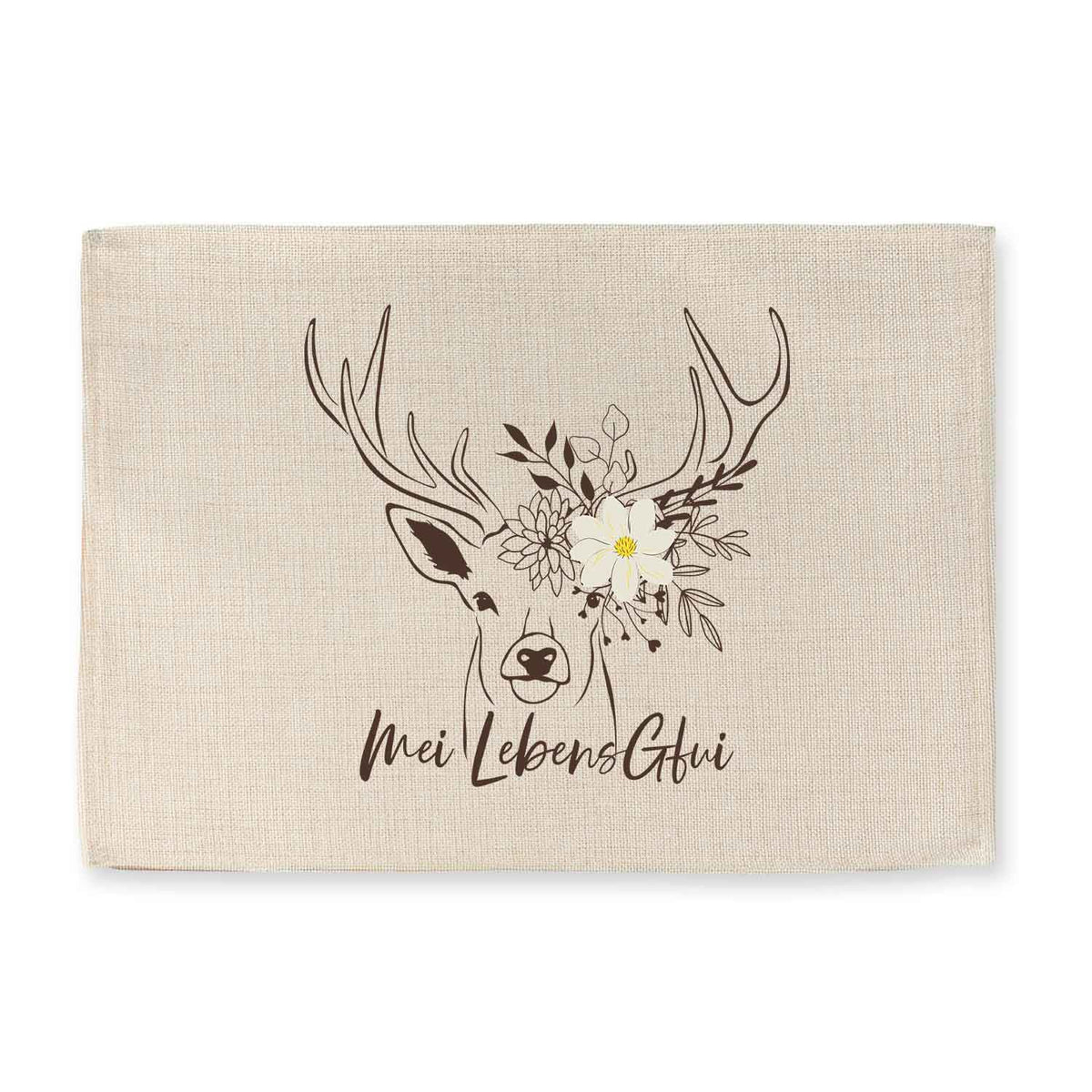 Tischset Hirsch mit floral geschmücktem Hirschkopf, Leinenoptik und Mei Lebens Gfui Schriftzug in Braun.