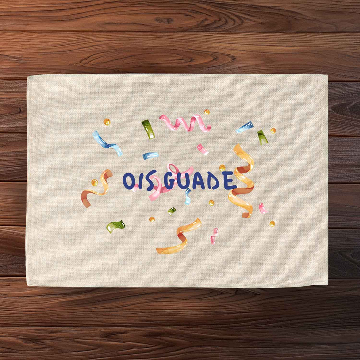 Tischset Ois Guade mit farbigem Konfetti und Bändern, festliche Dekoration für den Esstisch.